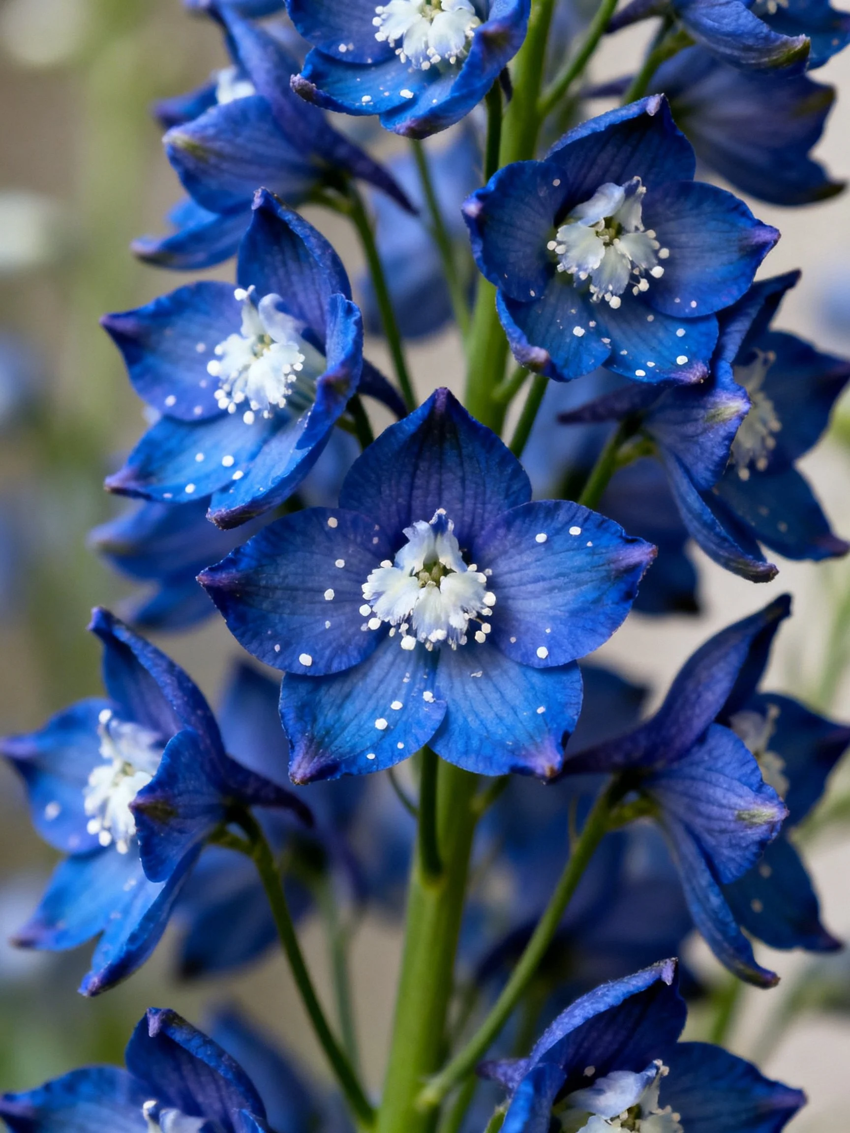 Vibrant blue delphinium blooms with white centers and green stems