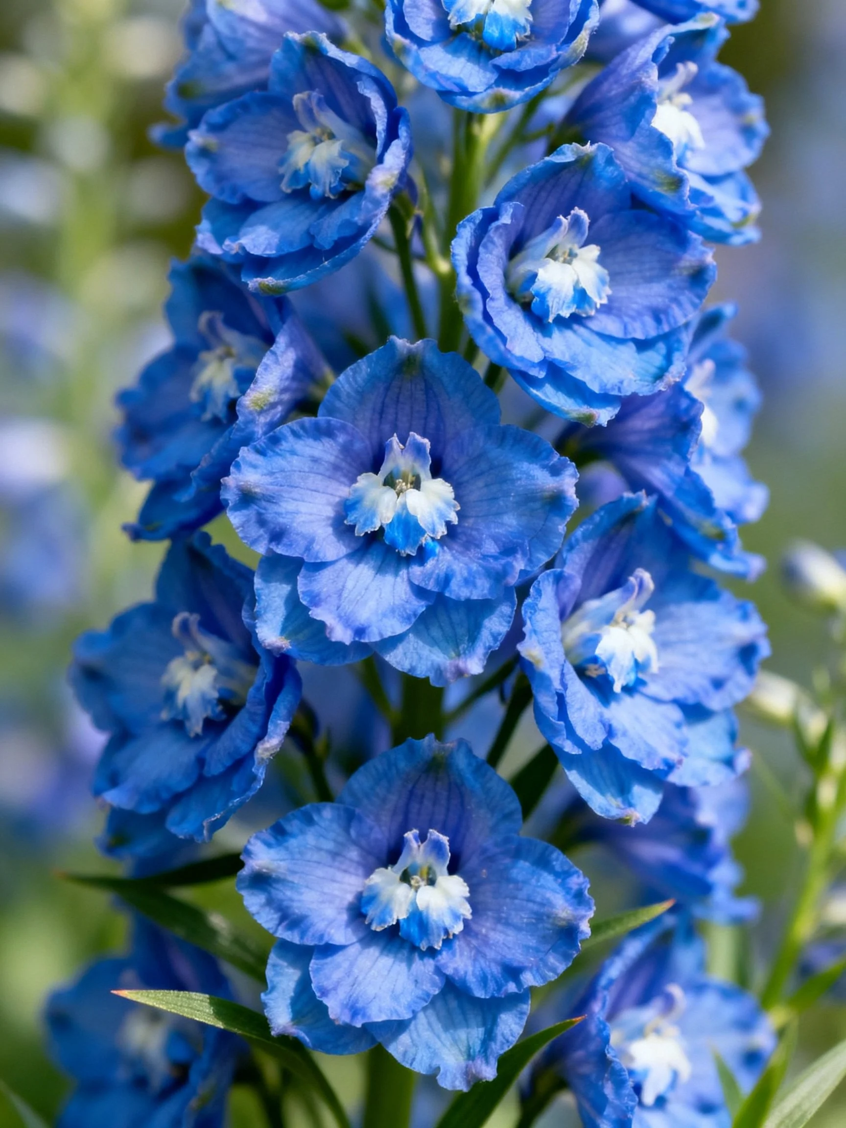 Vibrant blue delphinium flowers clustered densely among green stems