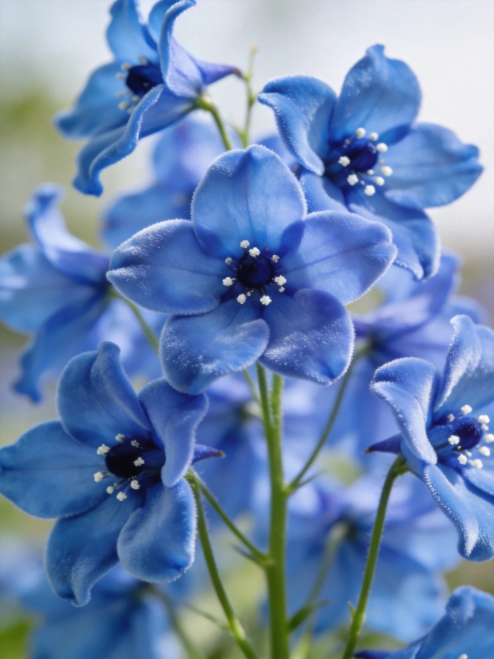 Vibrant blue delphinium flowers with dark centers and green stems