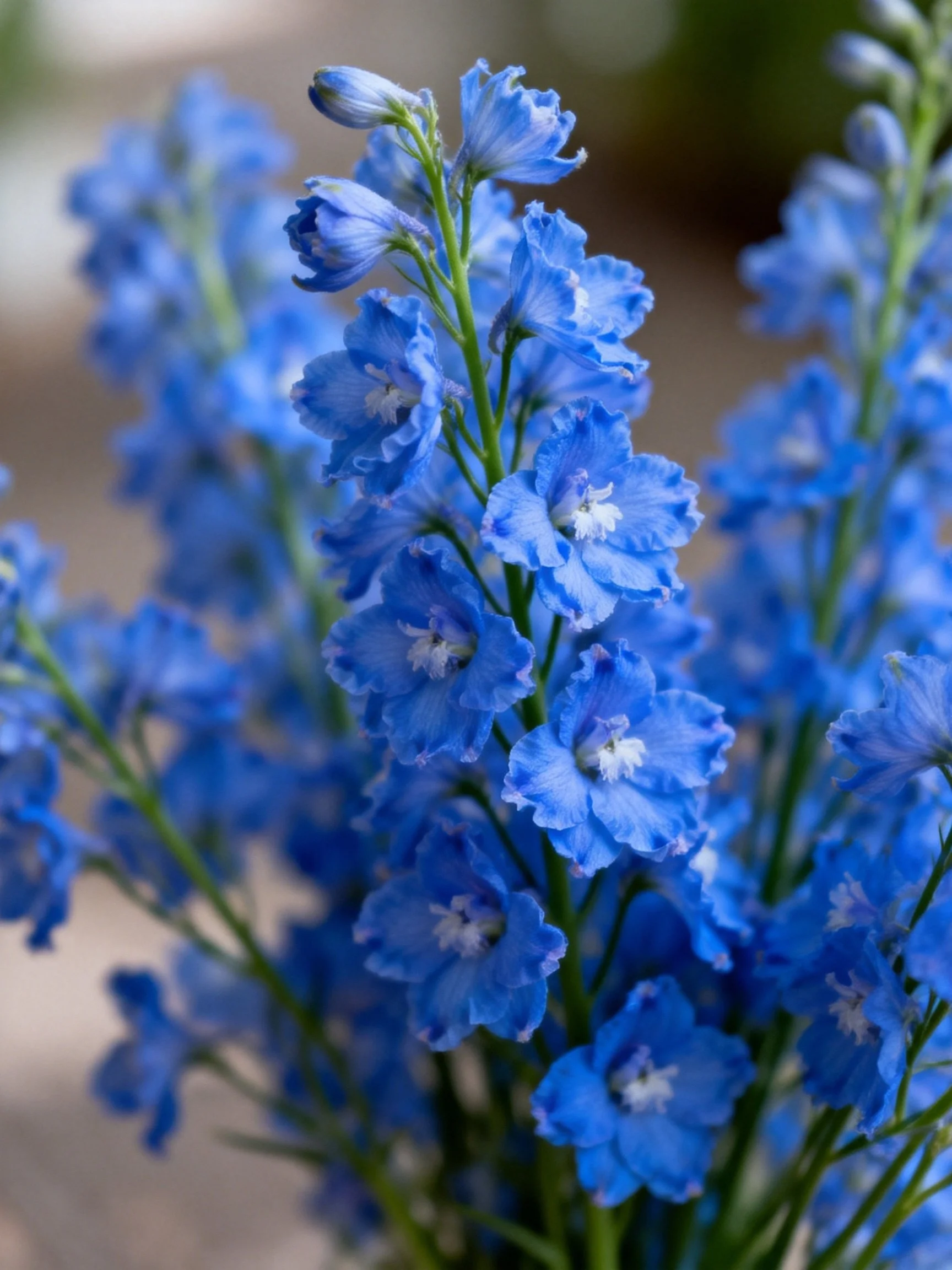 Vibrant blue delphinium flowersclustered densely