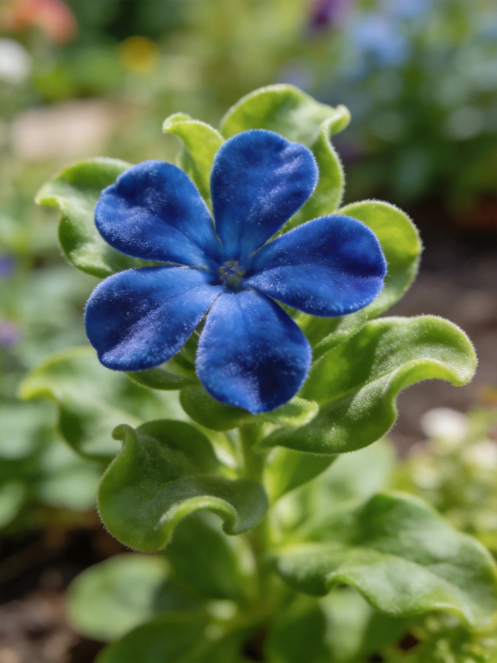 Vibrant blue five - petaled flower amid fuzzy green foliage
