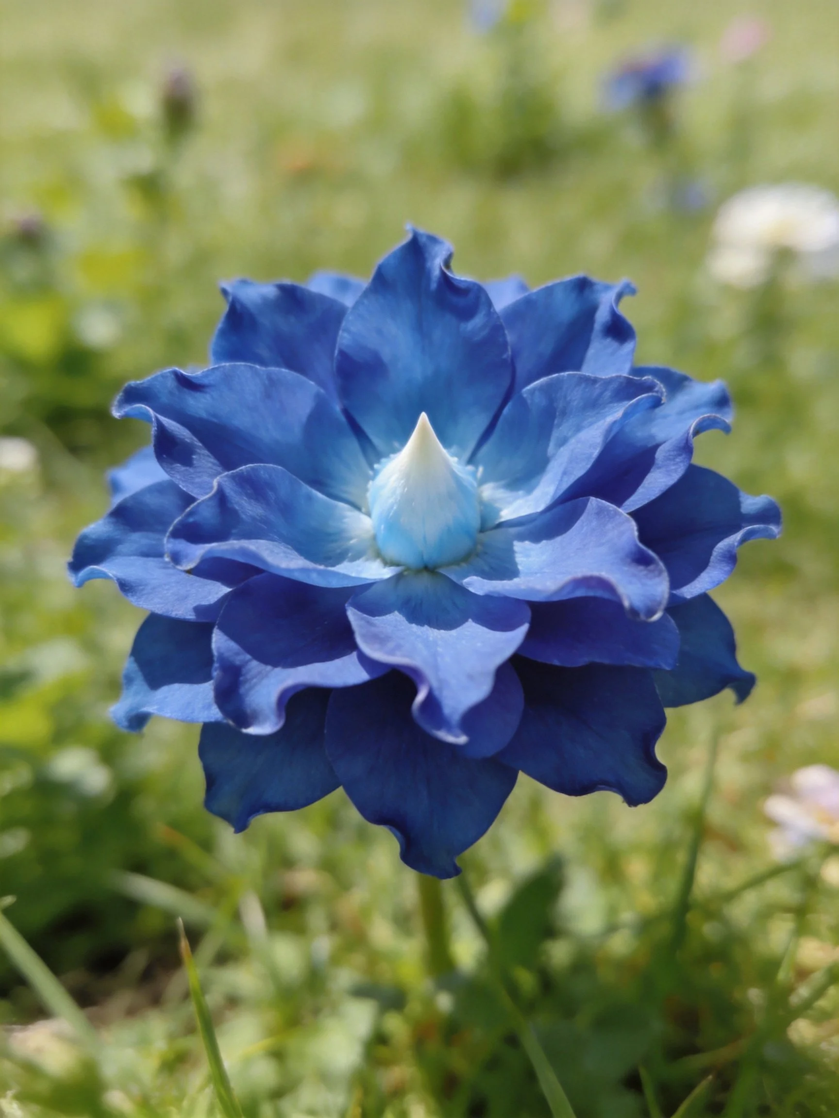 Vibrant blue flower with layered petals in a grassy setting
