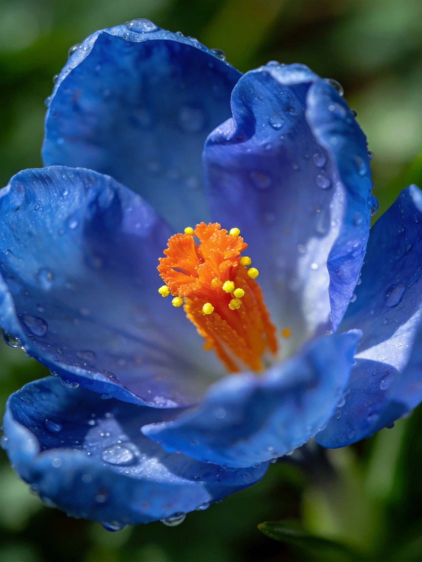 Vibrant blue flower with water droplets and orange center