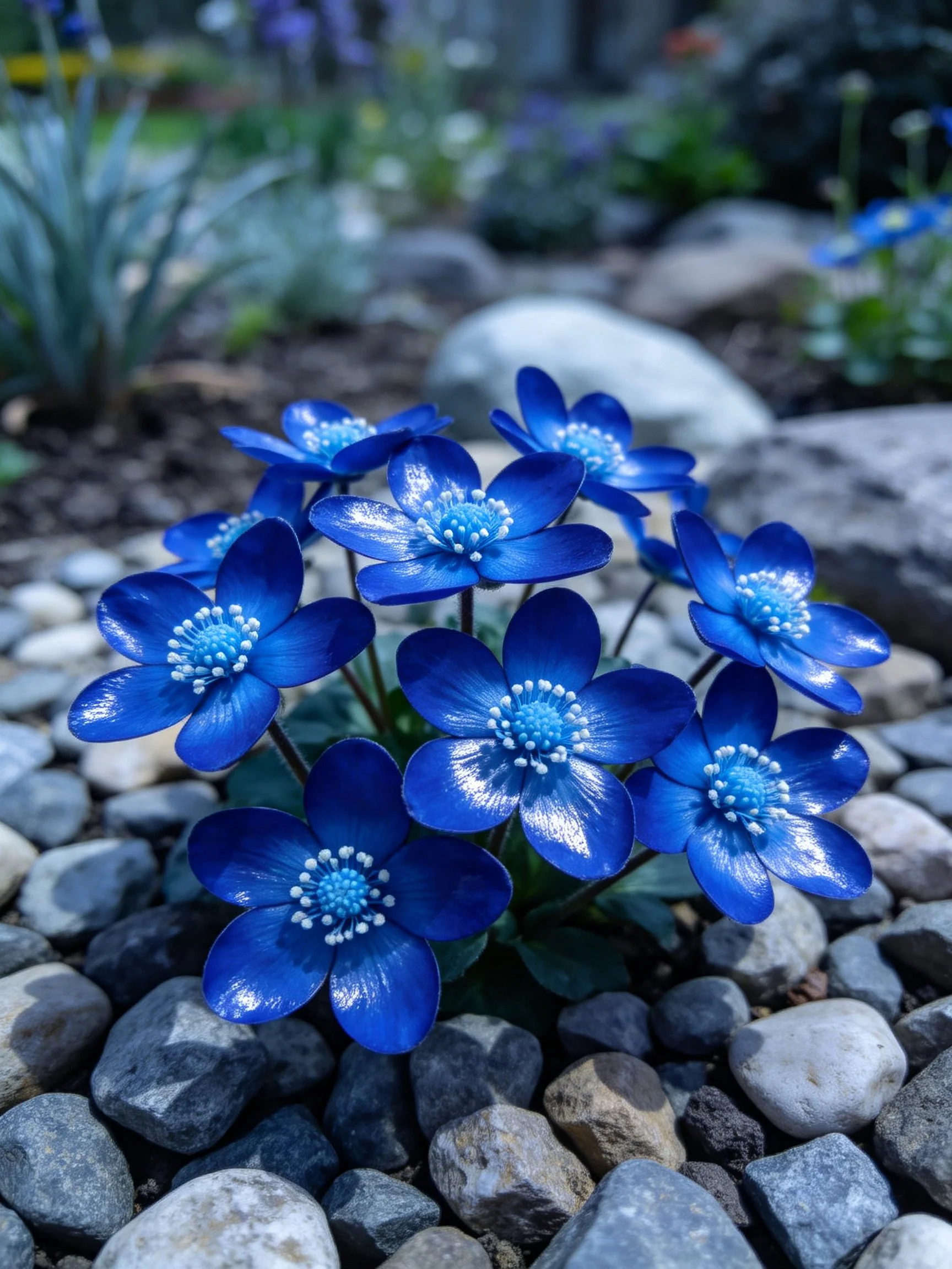 Vibrant blue flowers cluster among smooth gray pebbles in a garden.