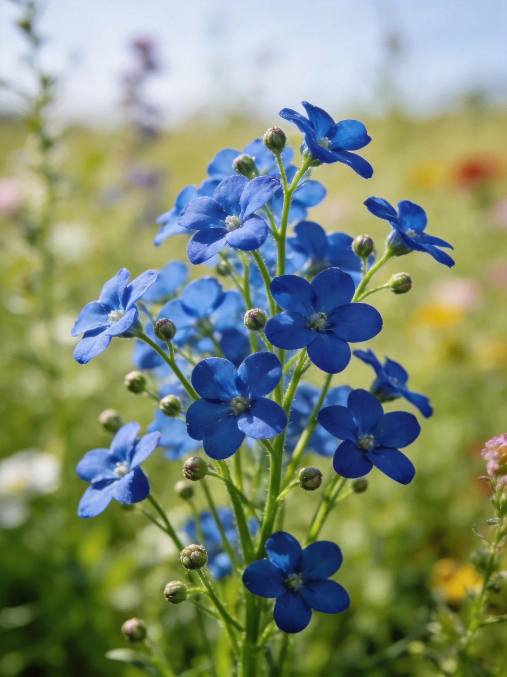 Vibrant blue flowers cluster with green stems and unopenedbuds