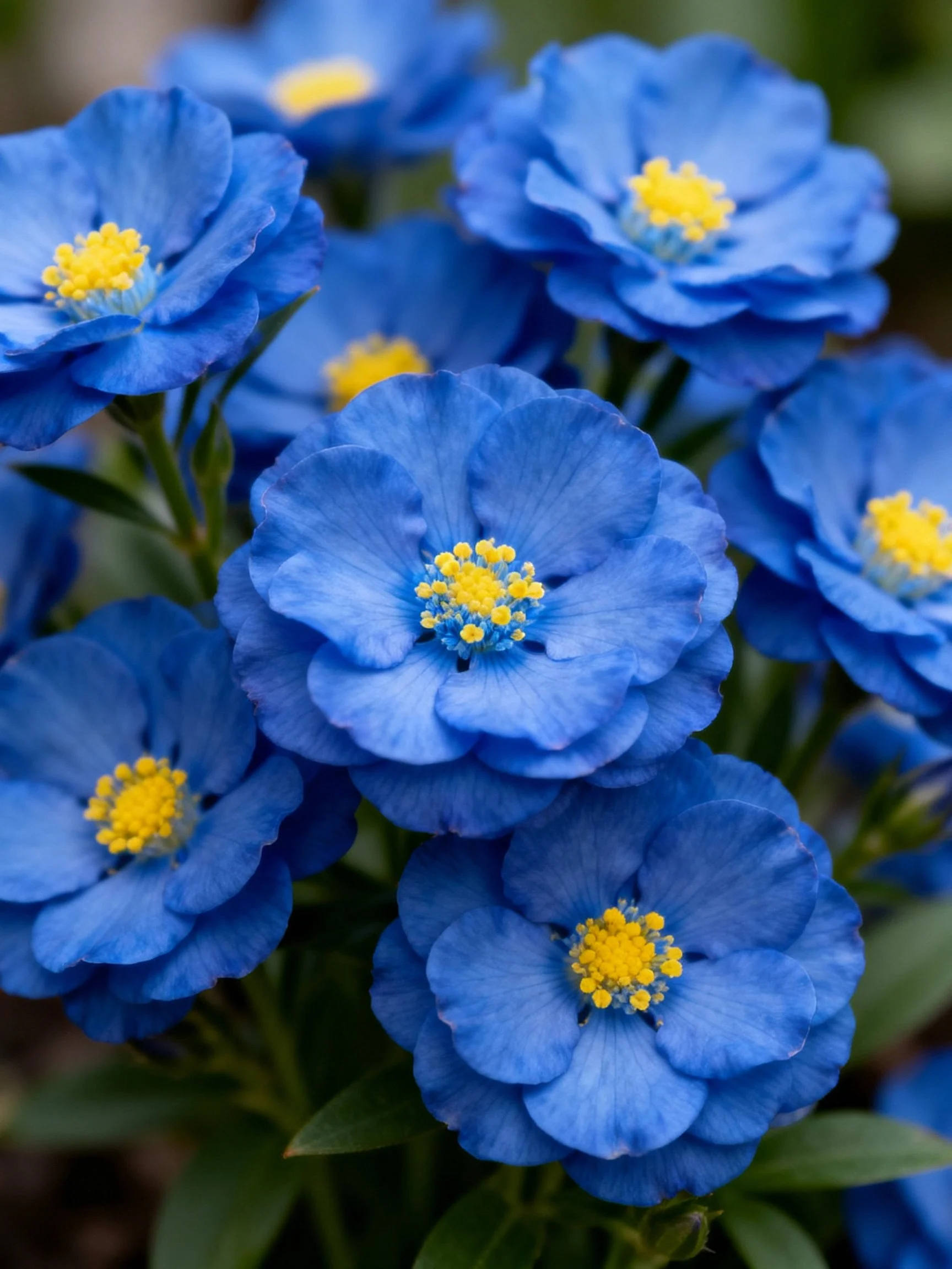 Vibrant blue flowers with bright yellow centers clustered closely