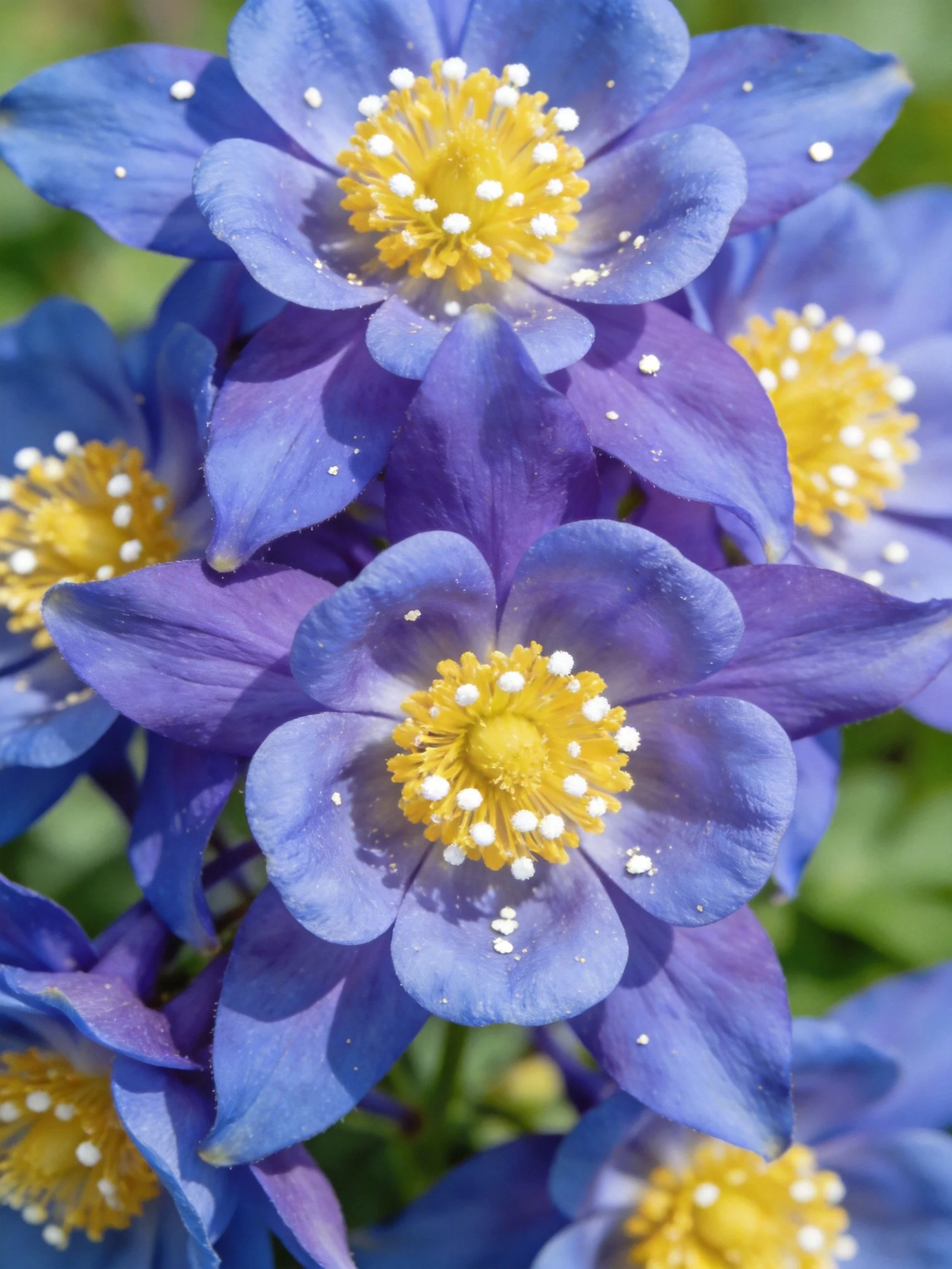 Vibrant blue flowers with bright yellow centers clustered closely together