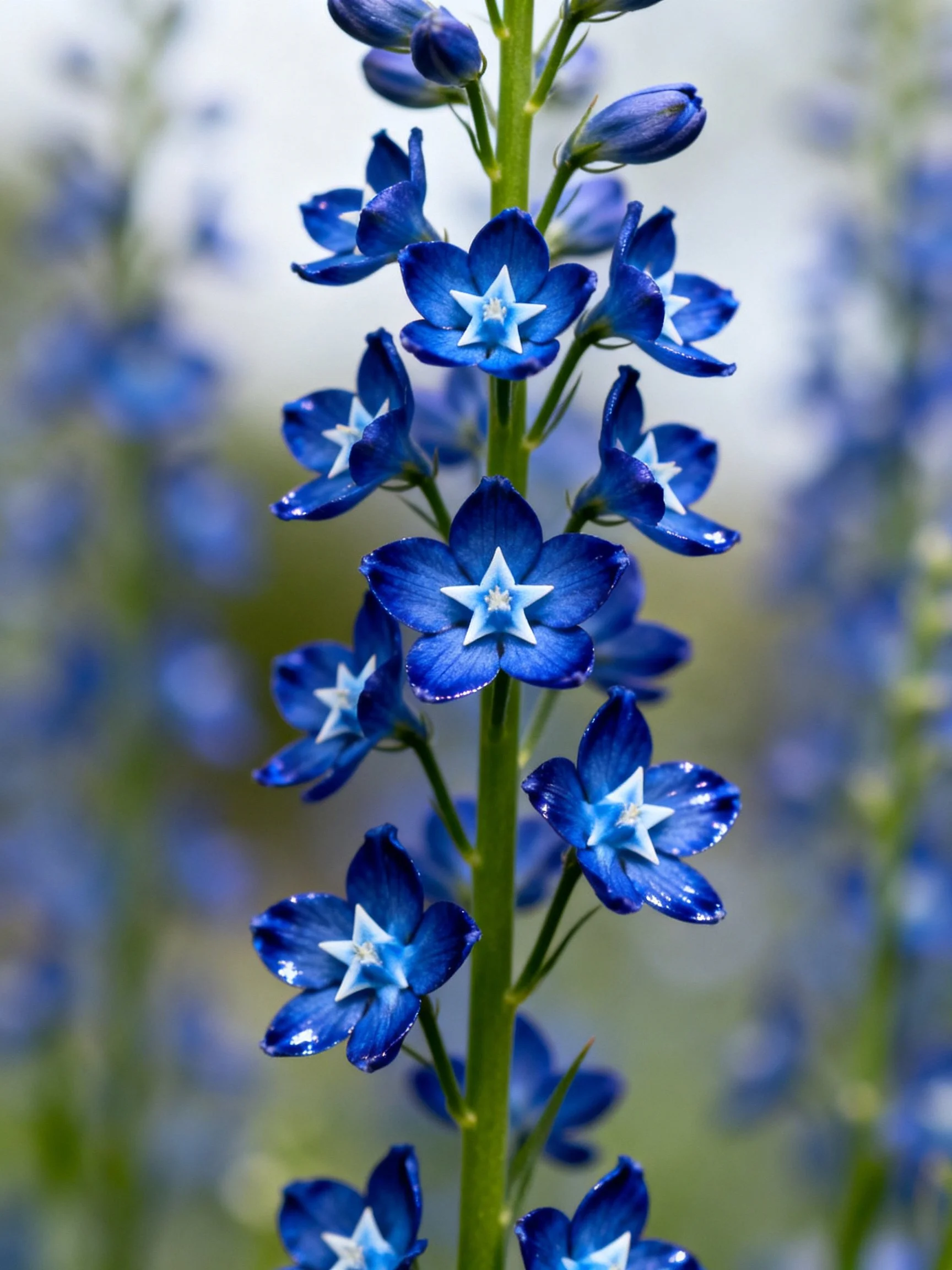 Vibrant blue flowers with star - shaped centers on tall green stems