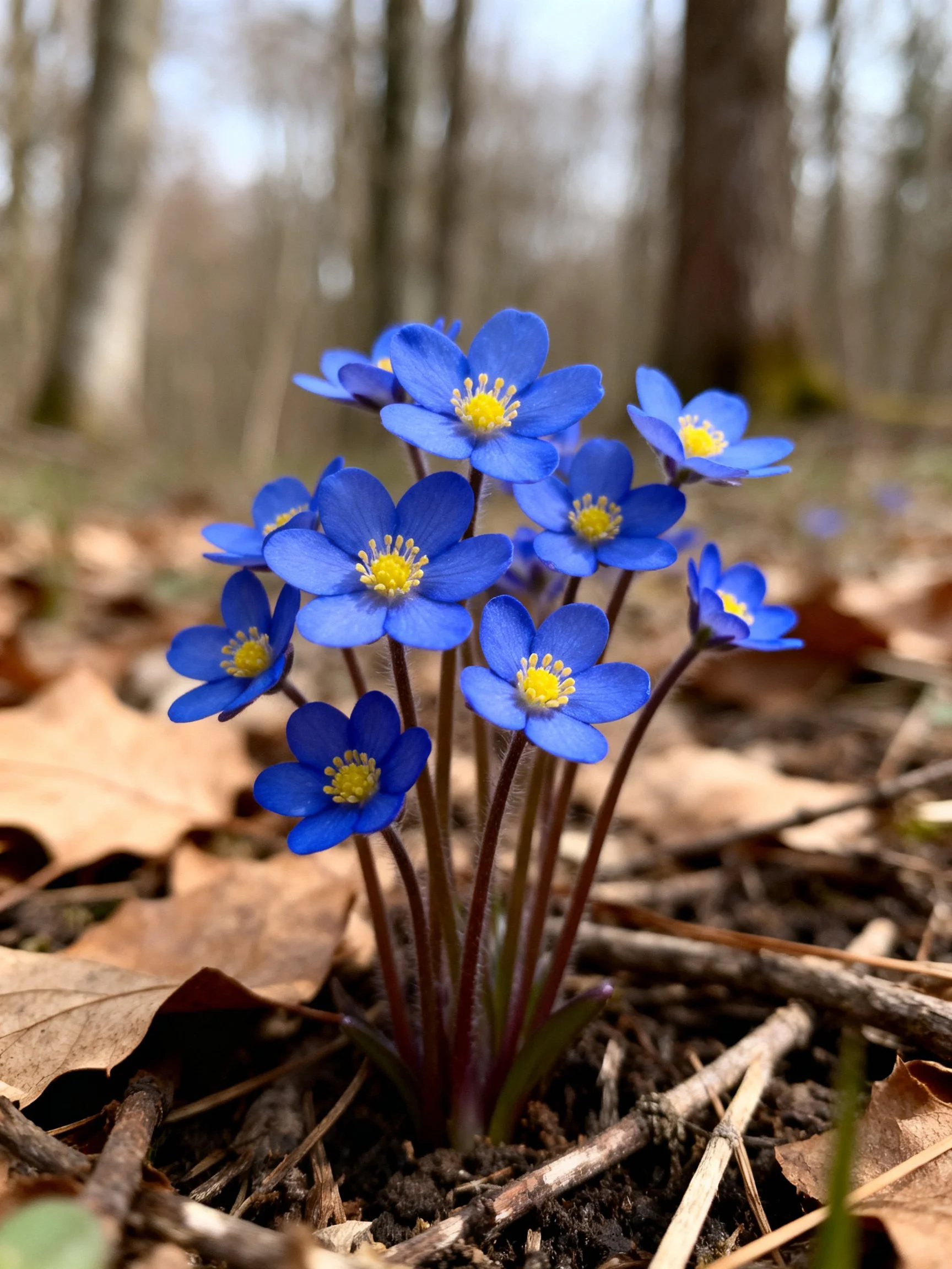 Vibrant blue flowers with yellow centers bloom among dry leaves in a forest