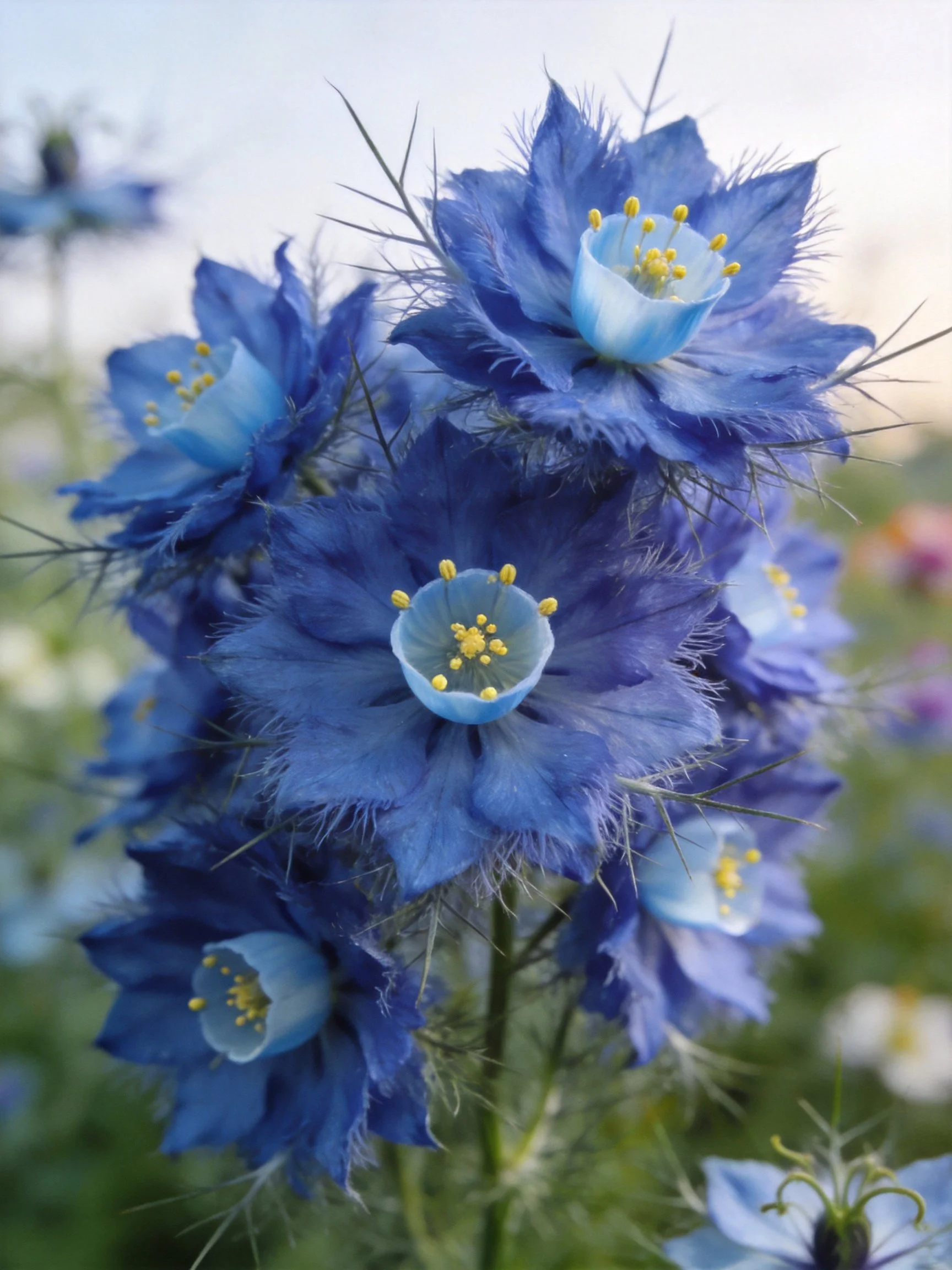 Vibrant blue flowers with yellow centers clustered in a garden