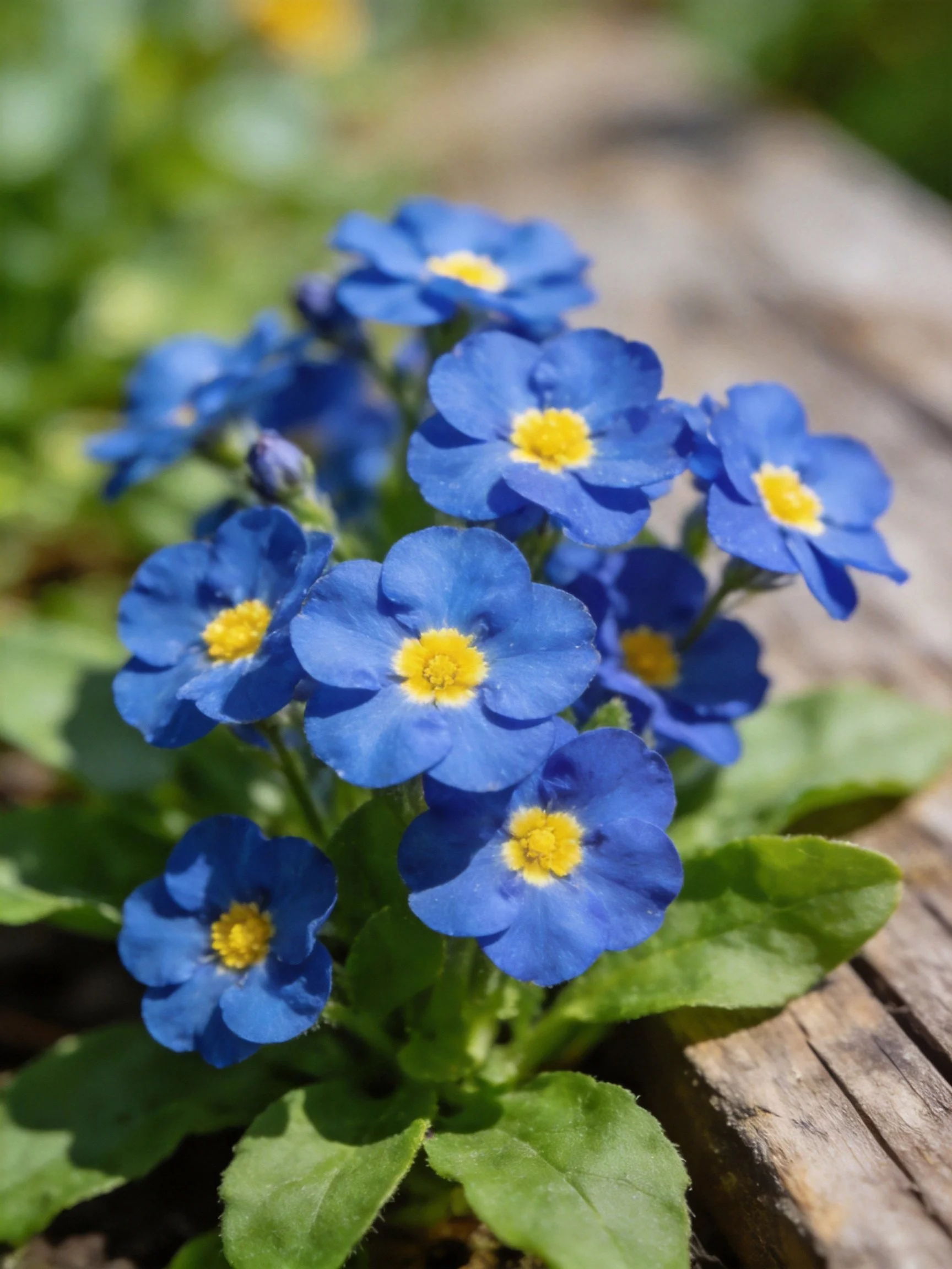 Vibrant blue flowers with yellow centers clustered near weathered wood