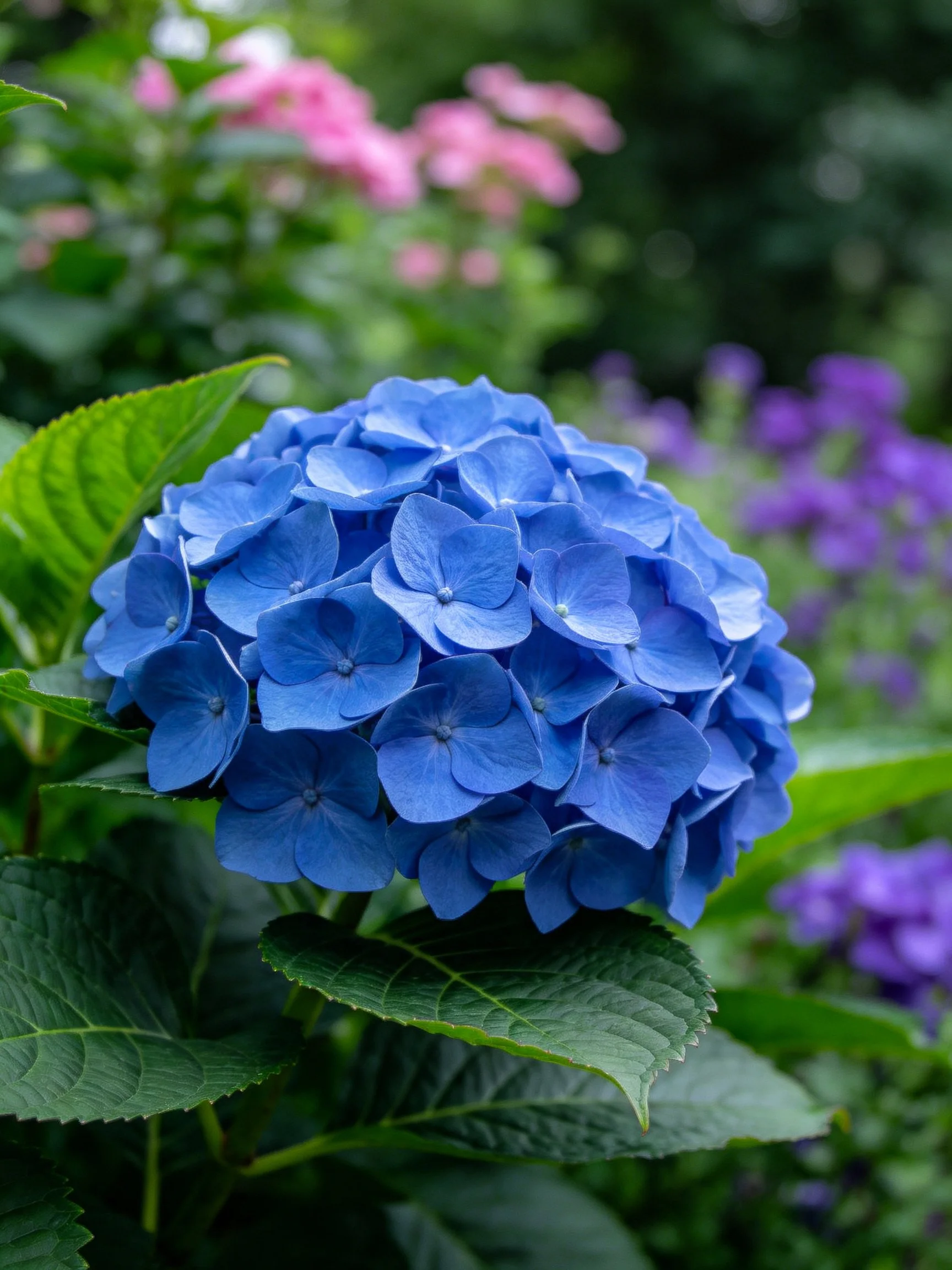 Vibrant blue hydrangea blooms among green leaves and colorful flowers