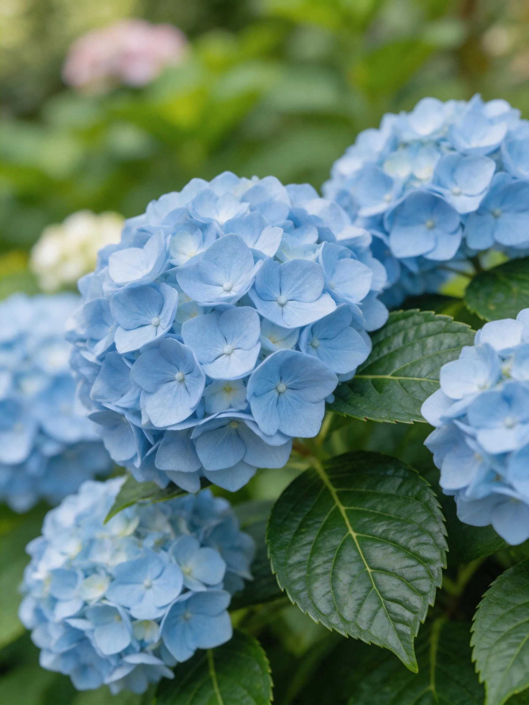 Vibrant blue hydrangea blooms withlush green foliage