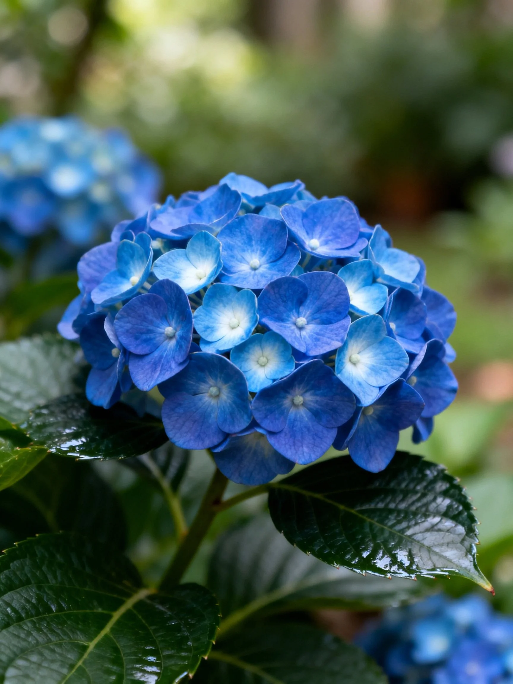 Vibrant blue hydrangea cluster with glossy green leaves