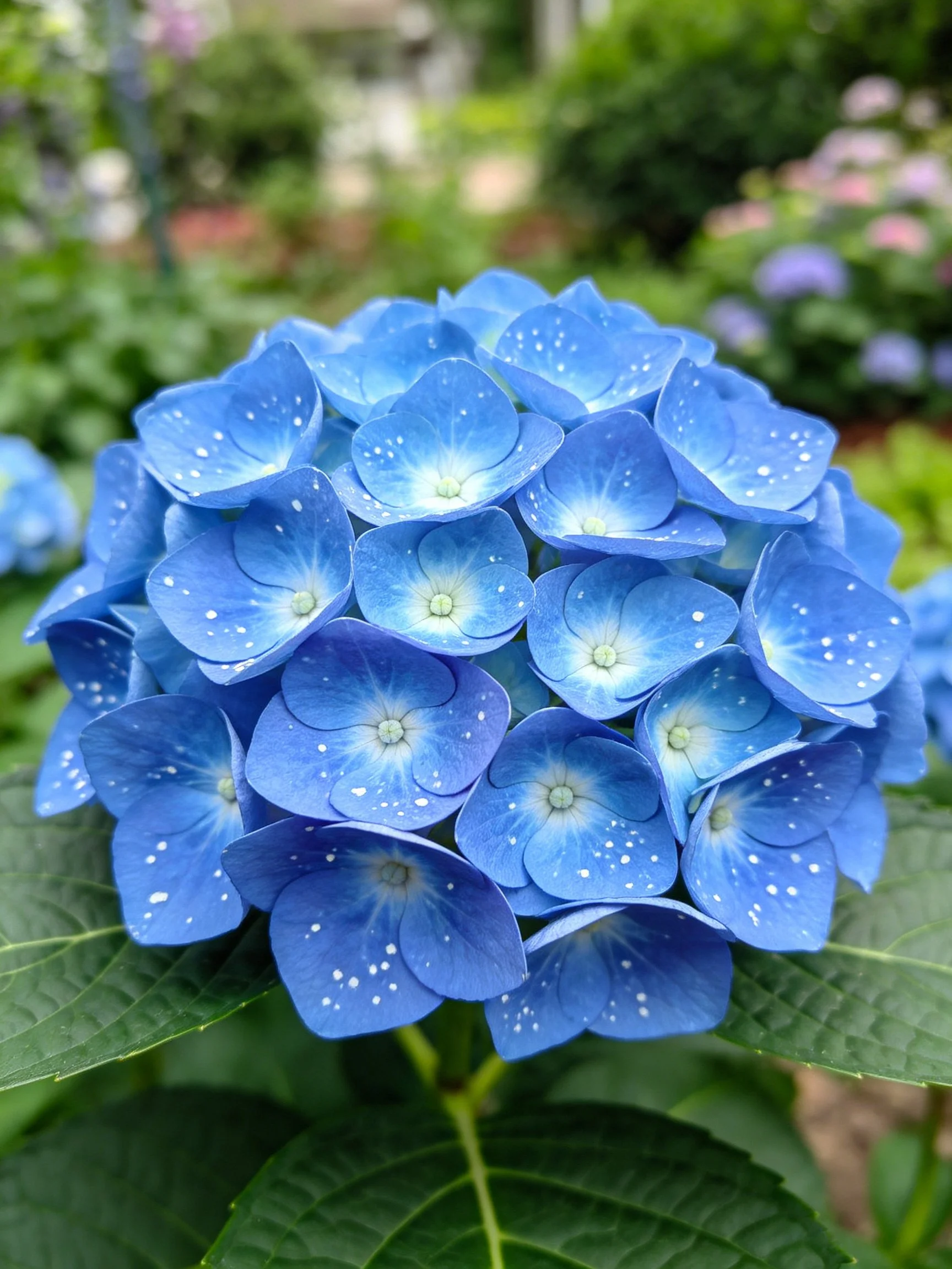 Vibrant blue hydrangea cluster with white speckles amidst green leaves