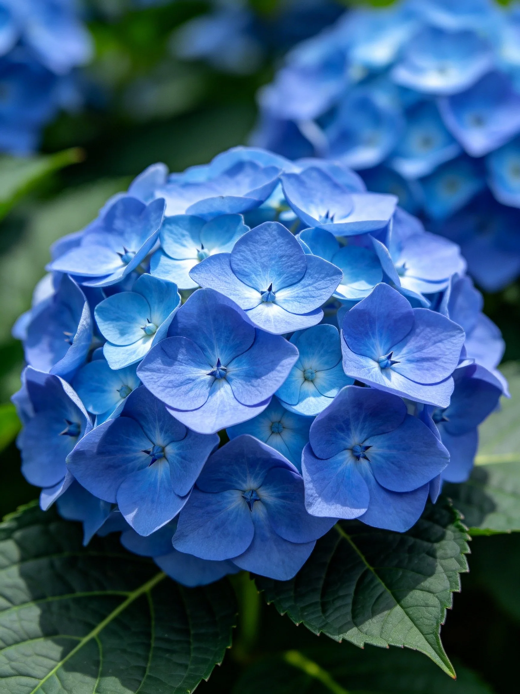 Vibrant blue hydrangea clusters densely packed with green leaves