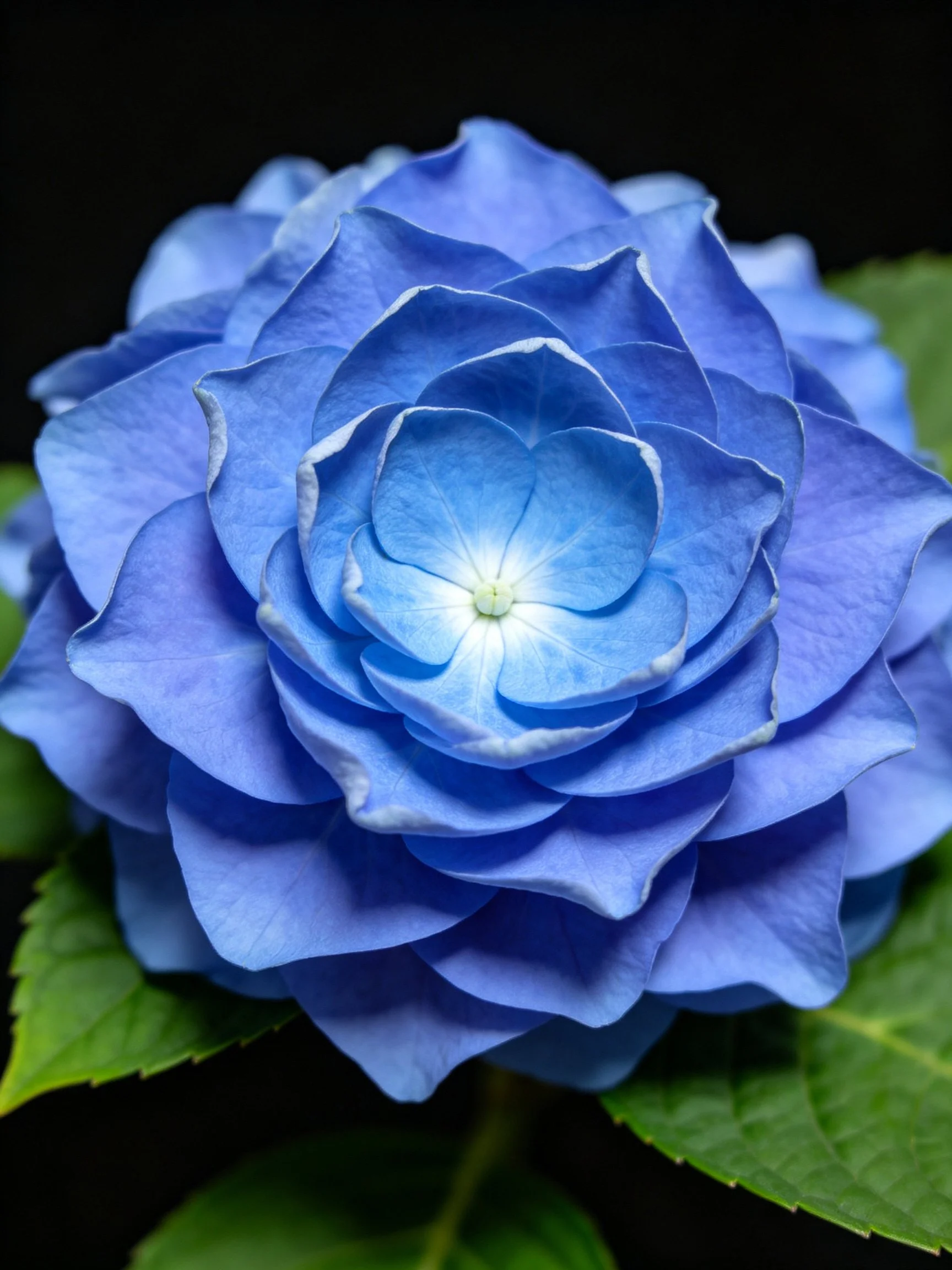 Vibrant blue hydrangea with layered petals and green leaves