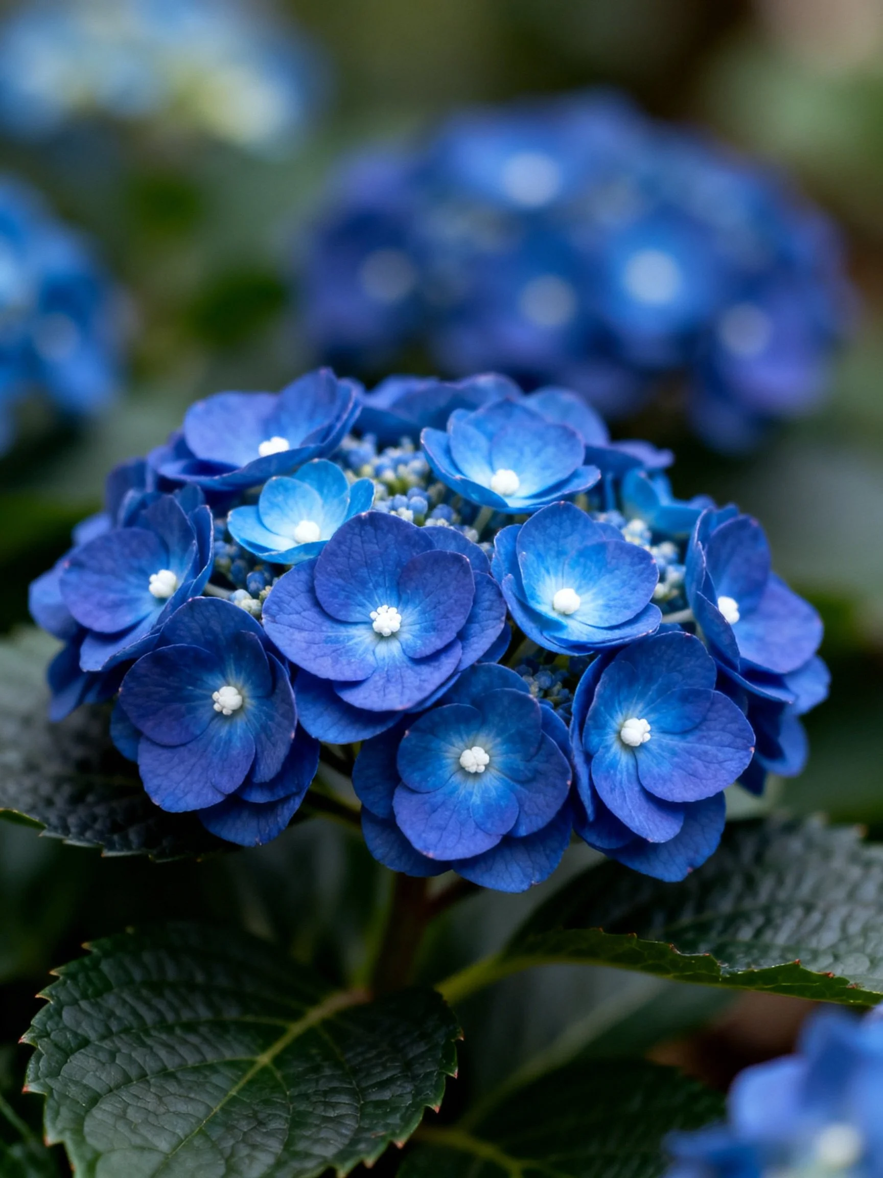 Vibrant blue hydrangeas clustered with dark green foliage