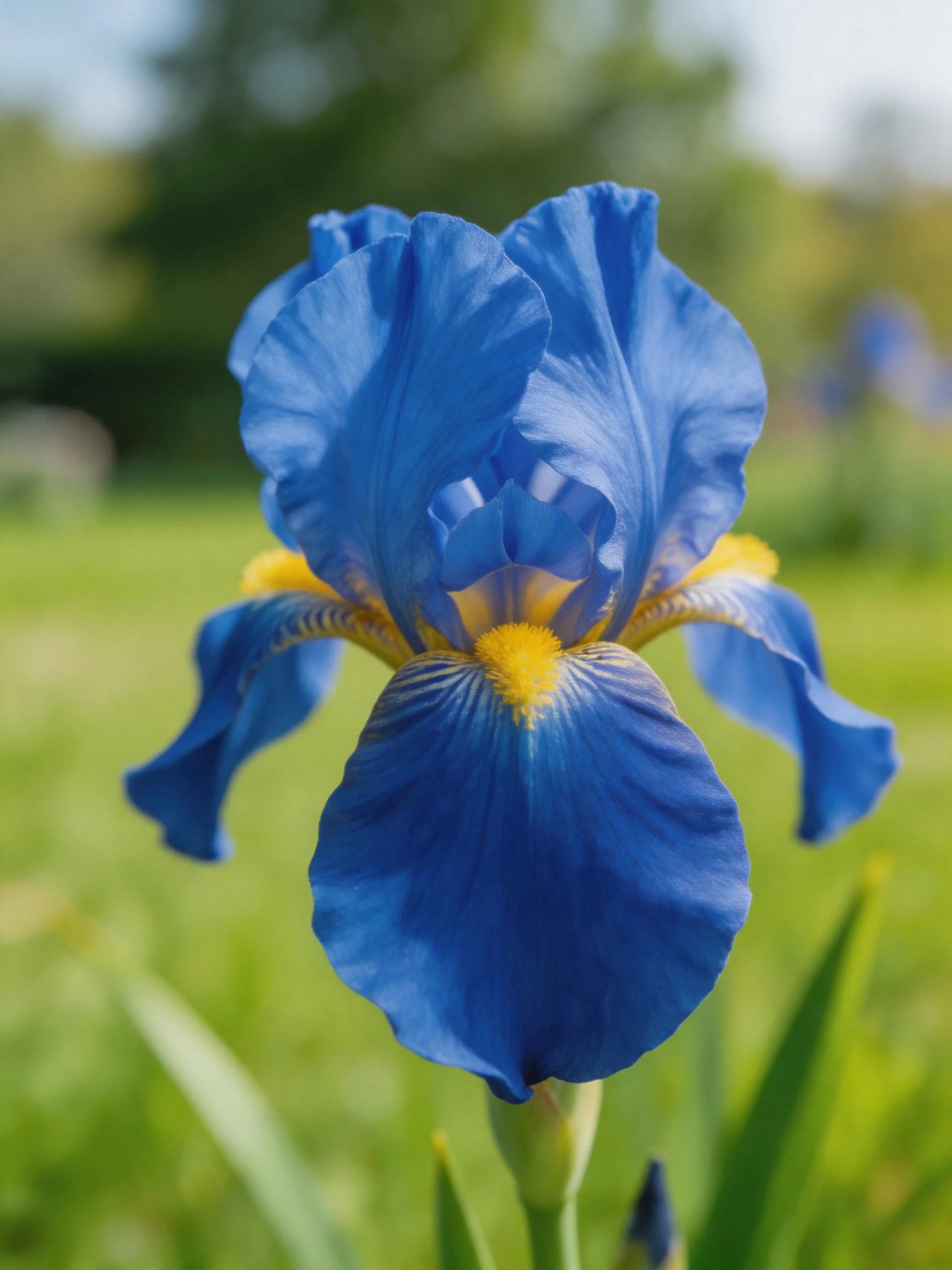 Vibrant blue iris bloom with yellow accents in a green landscape