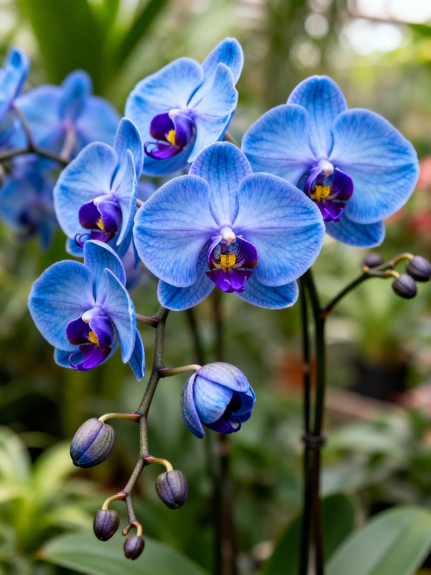Vibrant blue orchid blooms with purple centers in a lush setting