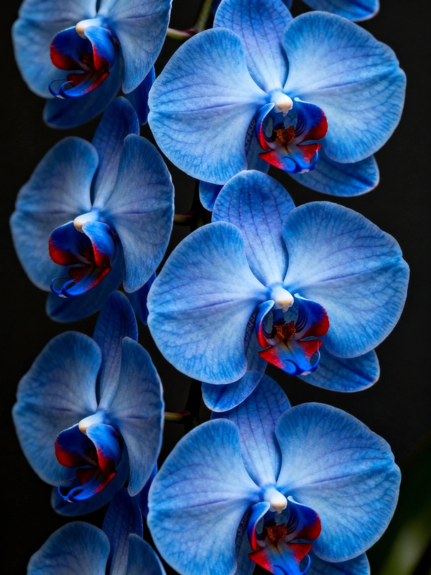 Vibrant blue orchids with red centers in close-up