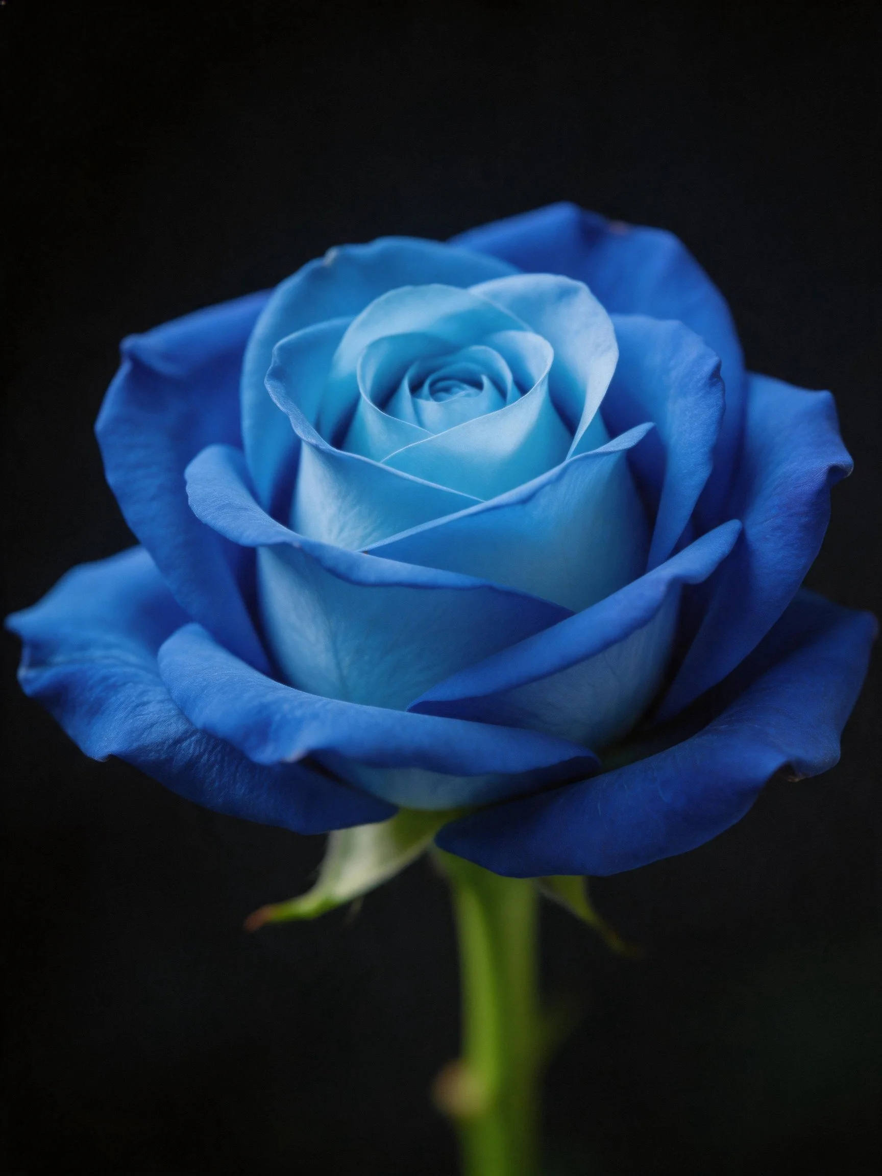 Vibrant blue rose with layered petals set against a dark backdrop