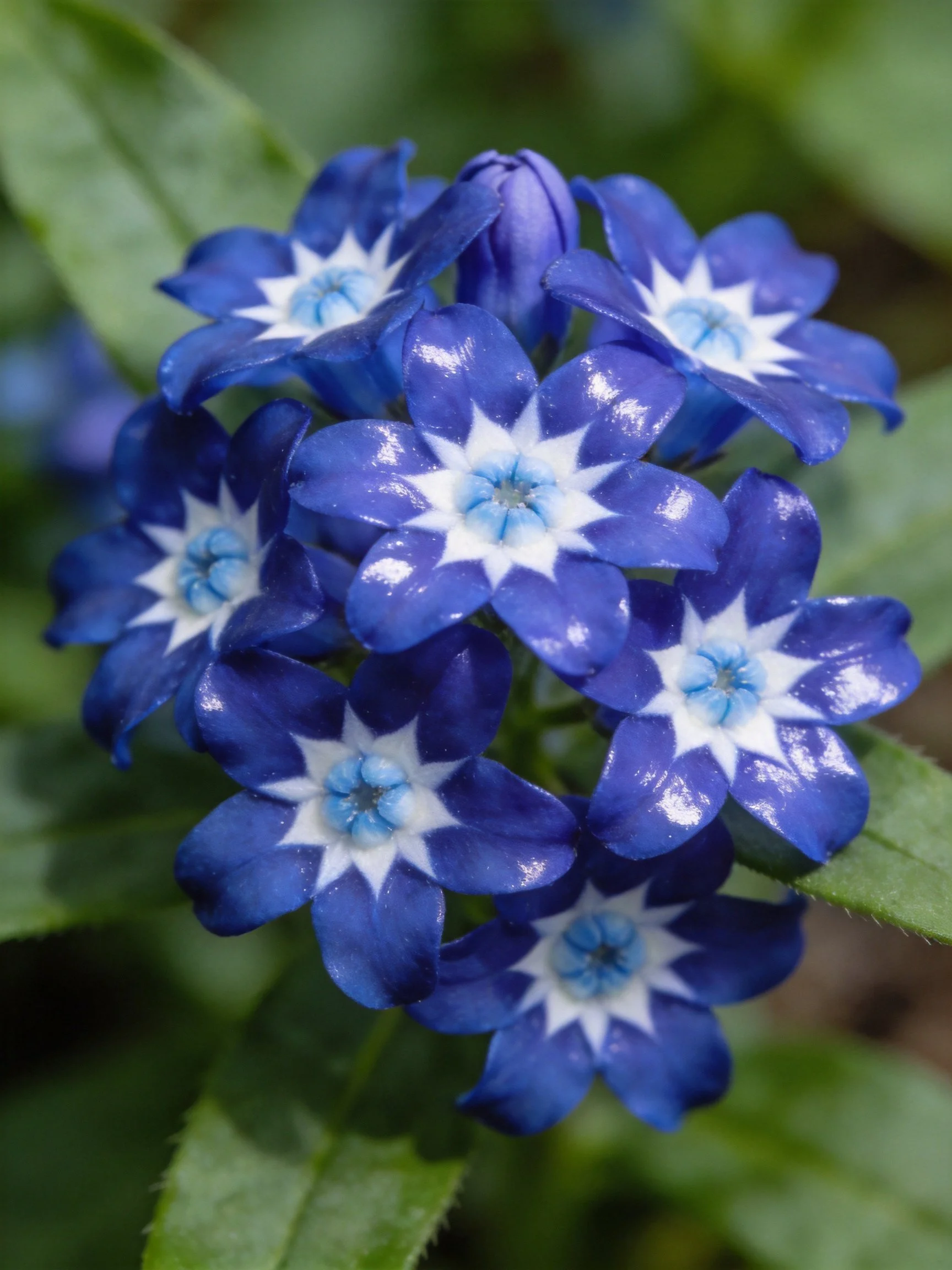 Vibrant blue star - shaped flowers clustered amid green foliage