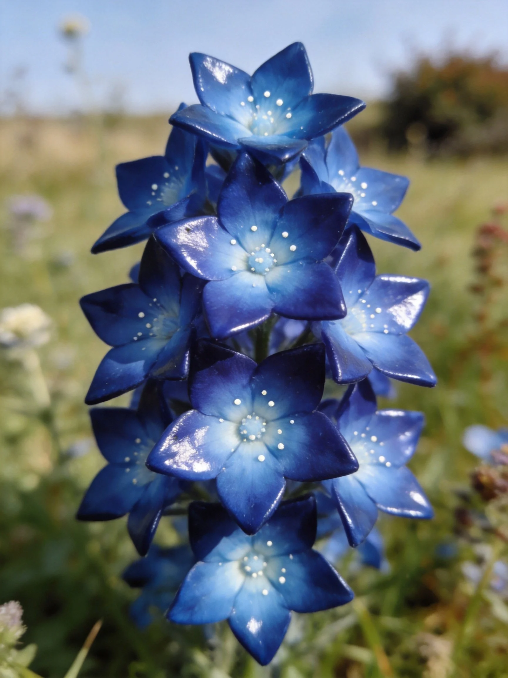 Vibrant blue star - shaped flowers clustered in a natural field