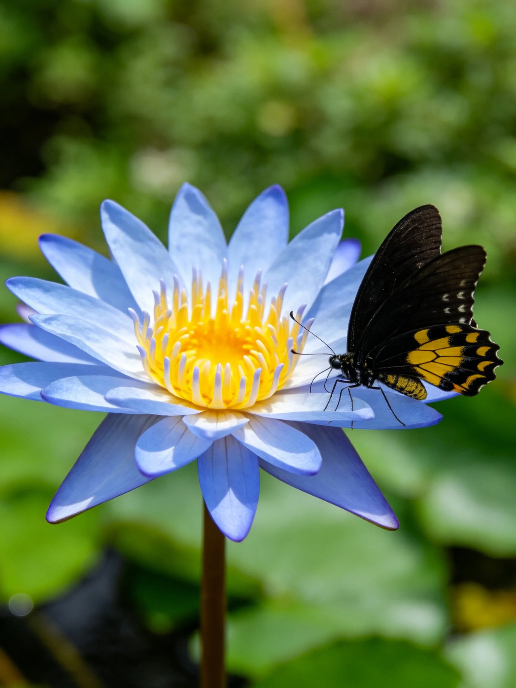 Vibrant blue water lily with yellow center and black-yellow butterfly