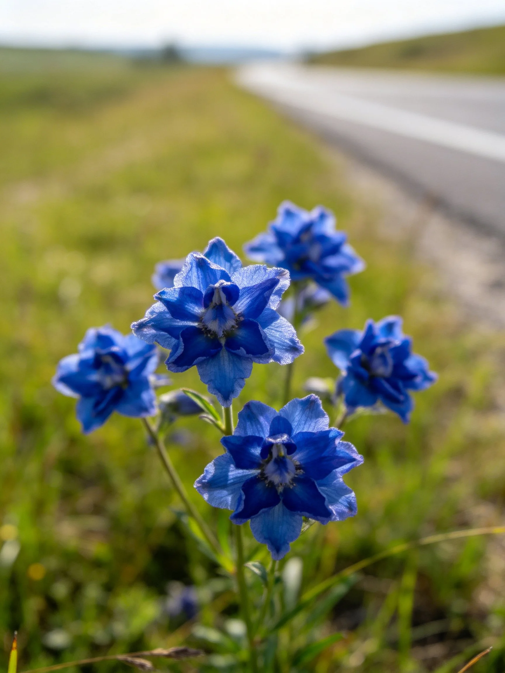 Vibrant blue wildflowers bloom beside a paved road