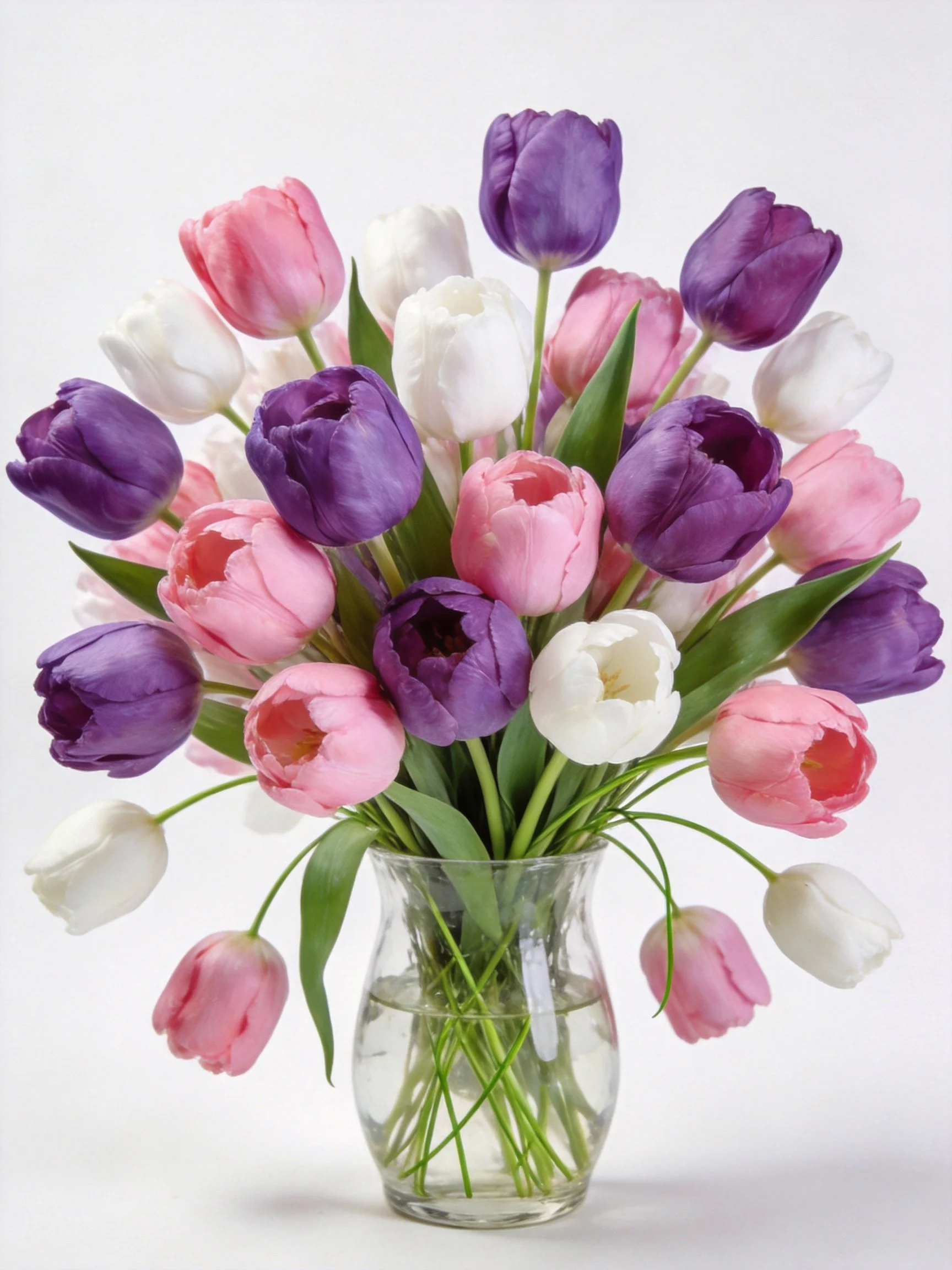 Vibrant bouquet of purple, pink, and white tulips in a glass vase