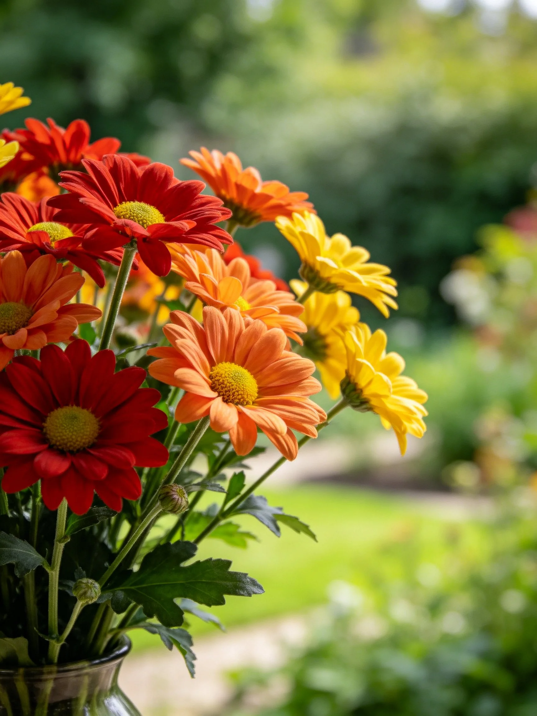 Vibrant bouquet of red, orange, and yellow daisies in a glass vase