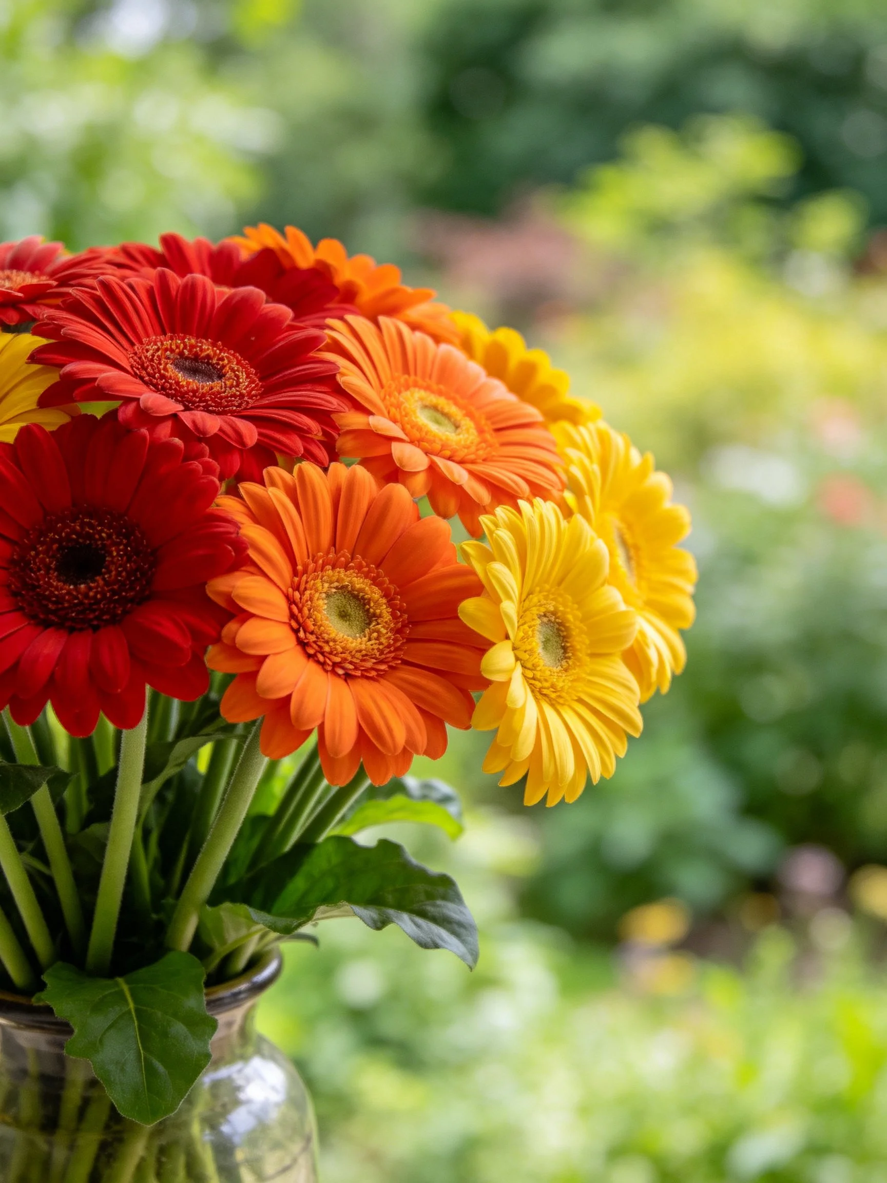Vibrant bouquet of red, orange, yellow gerbera daisies in glass vase