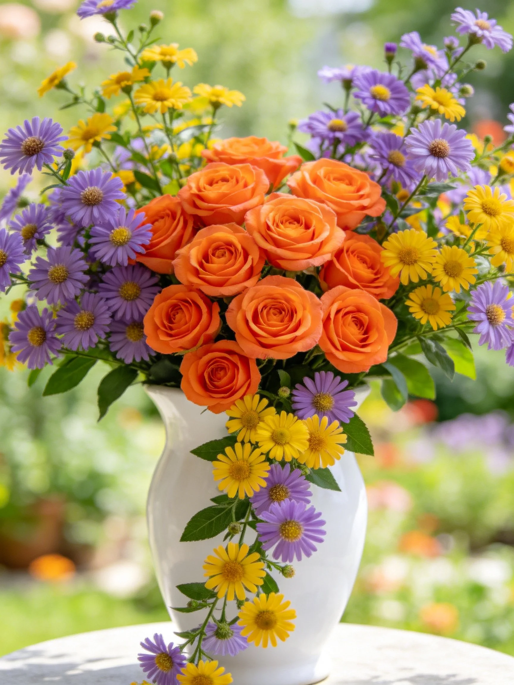 Vibrant bouquet with orange roses, purple, yellow flowers in white vase