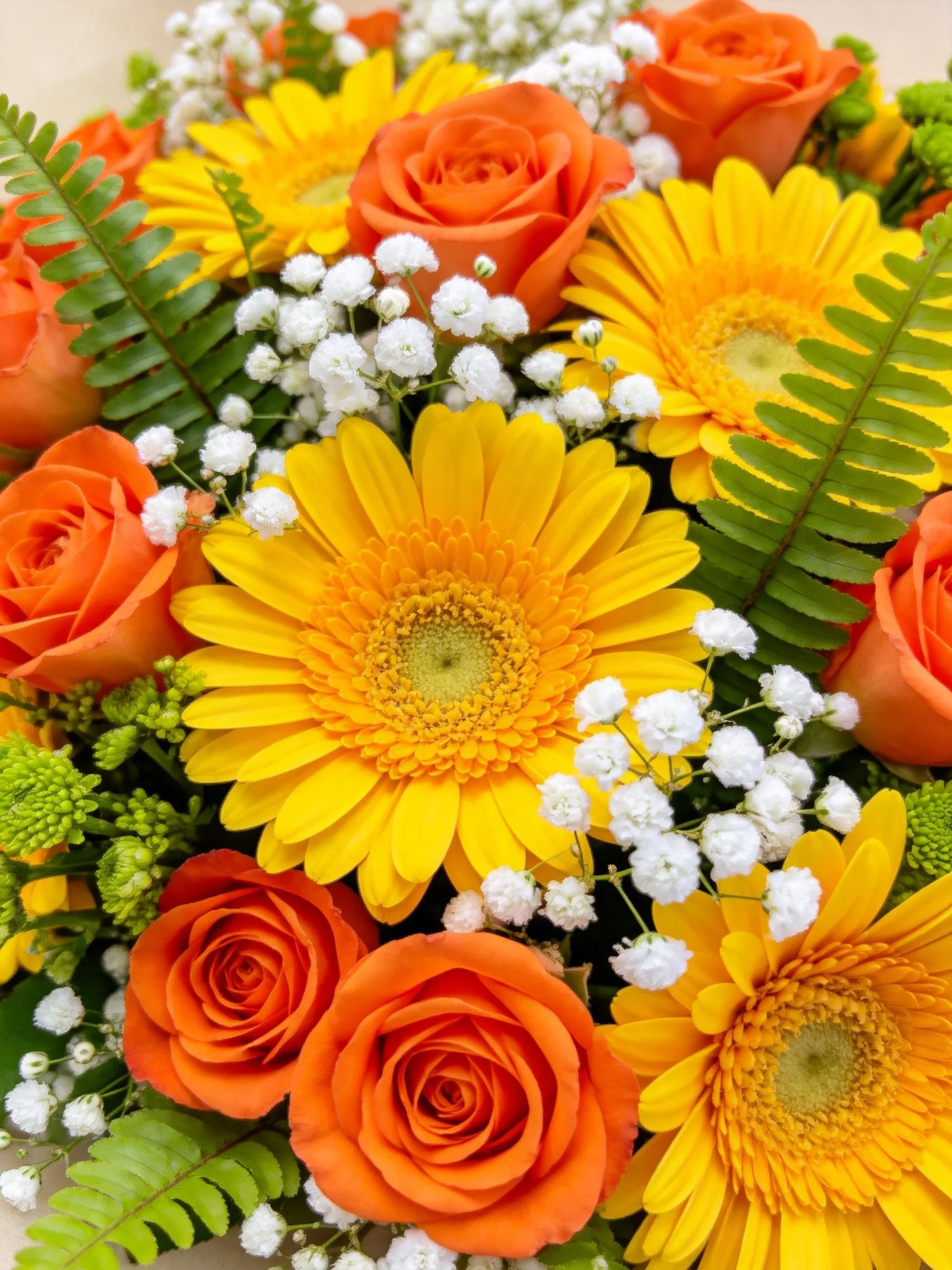 Vibrant bouquet with orange roses, yellow gerberas, and white baby’s breath
