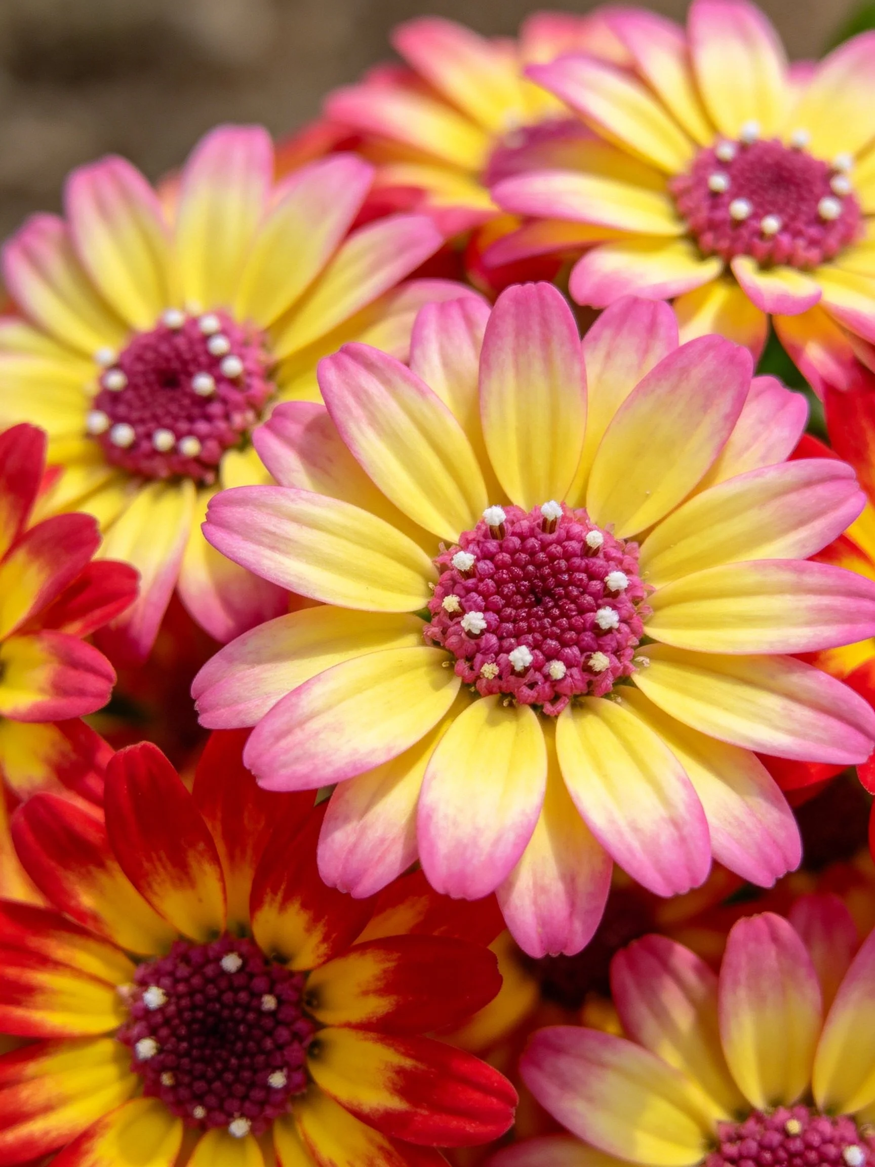 Vibrant cluster of daisy flowers with yellow, pink, and red petals