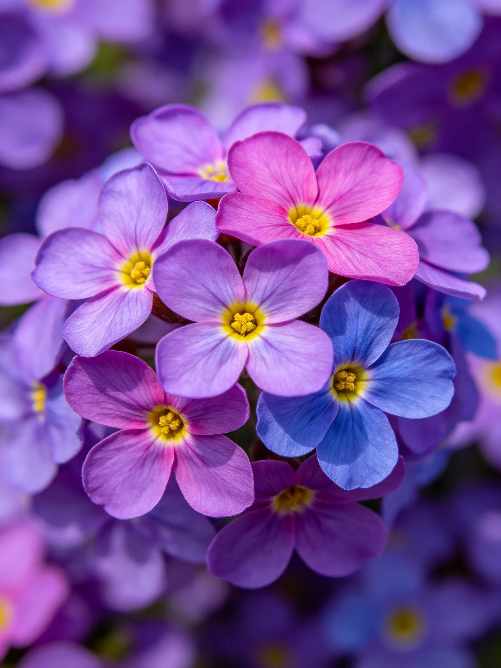 Vibrant cluster of purple, pink, and blue flowers with yellow centers