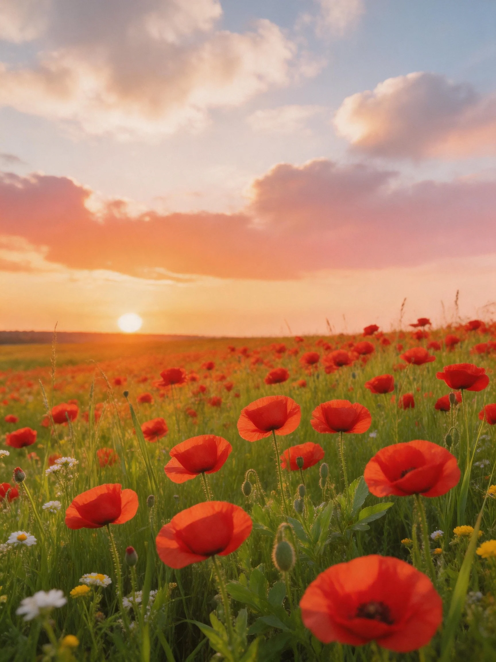Vibrant field of red poppies under a colorful sunset sky
