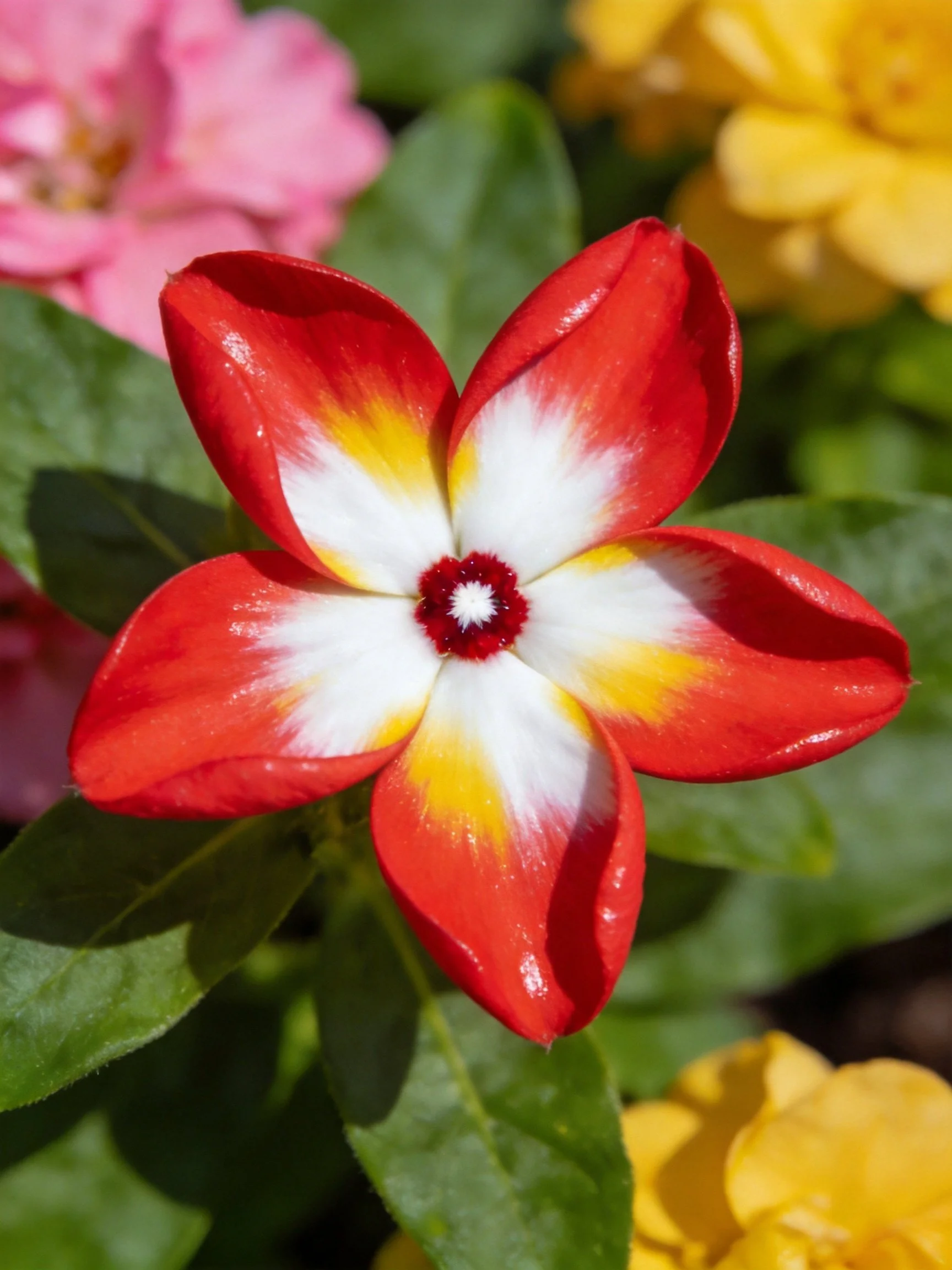 Vibrant five-petaled flower with red, white, and yellow petals near green foliage