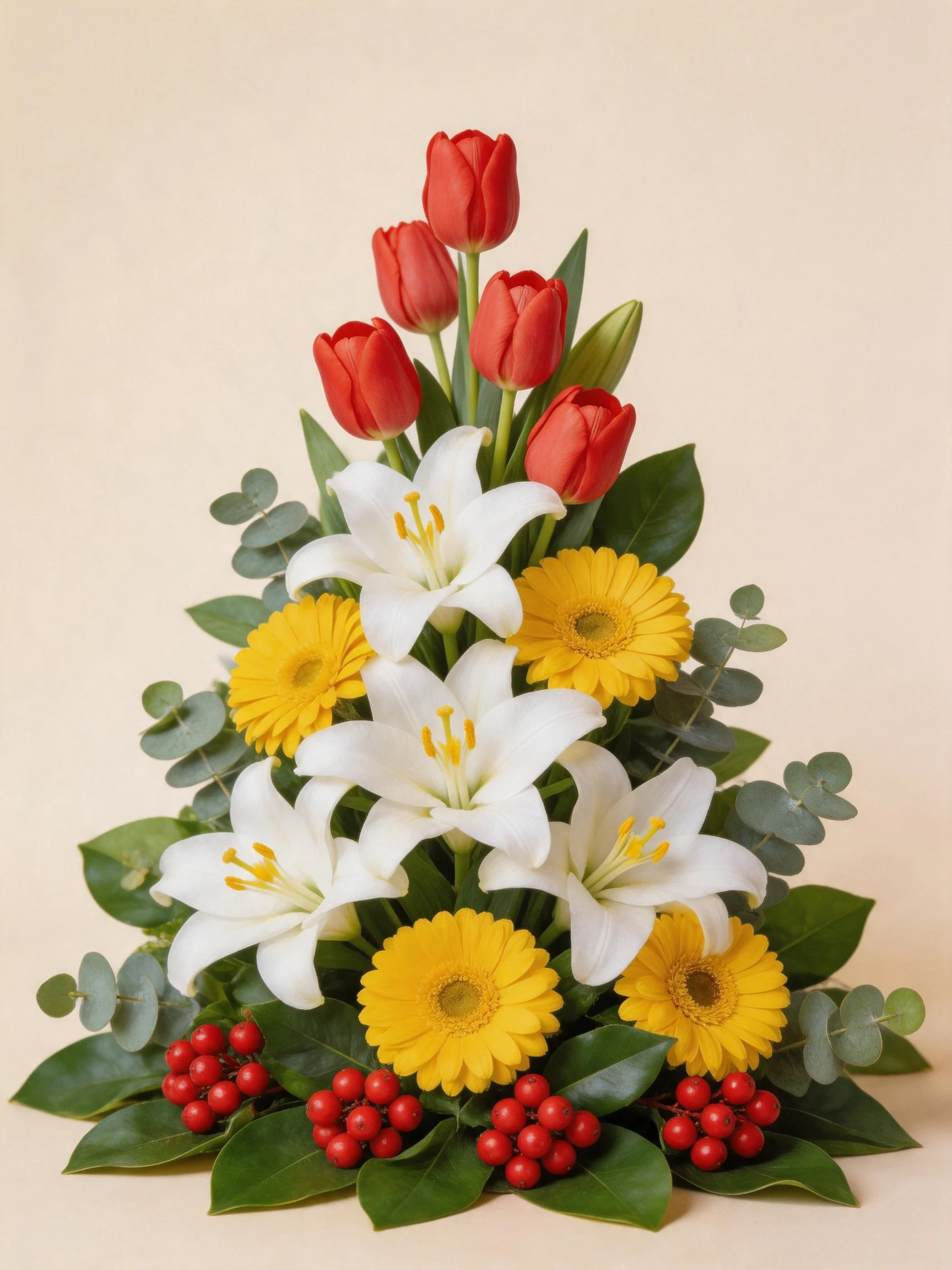 Vibrant floral arrangement featuring red tulips, white lilies, yellow daisies, and red berries