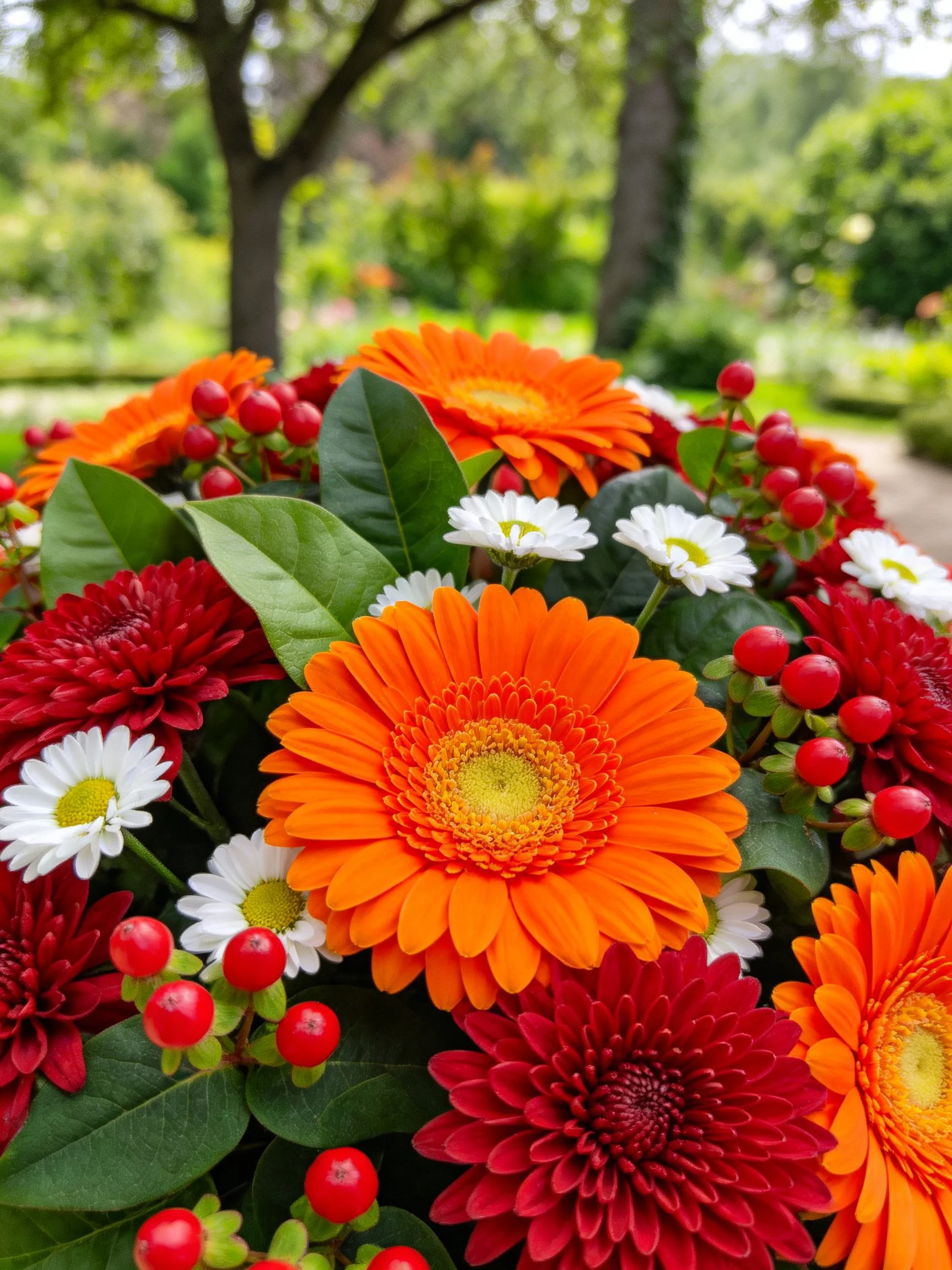 Vibrant floral arrangement with orange, red, white blooms and red berries