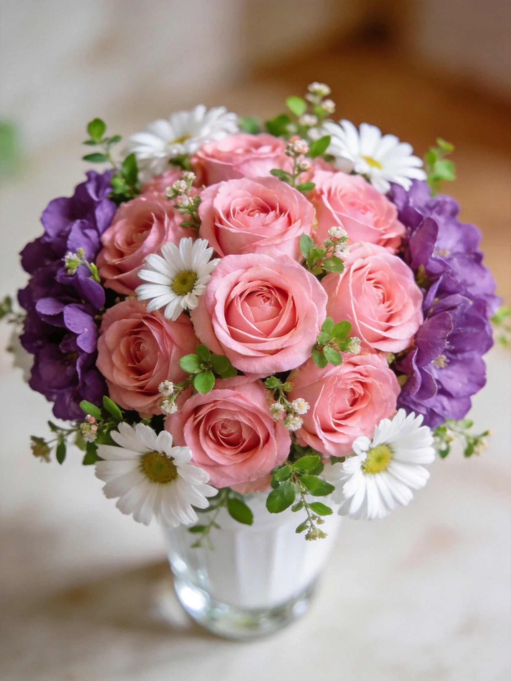 Vibrant floral arrangement with pink roses, white daisies, and purple blooms