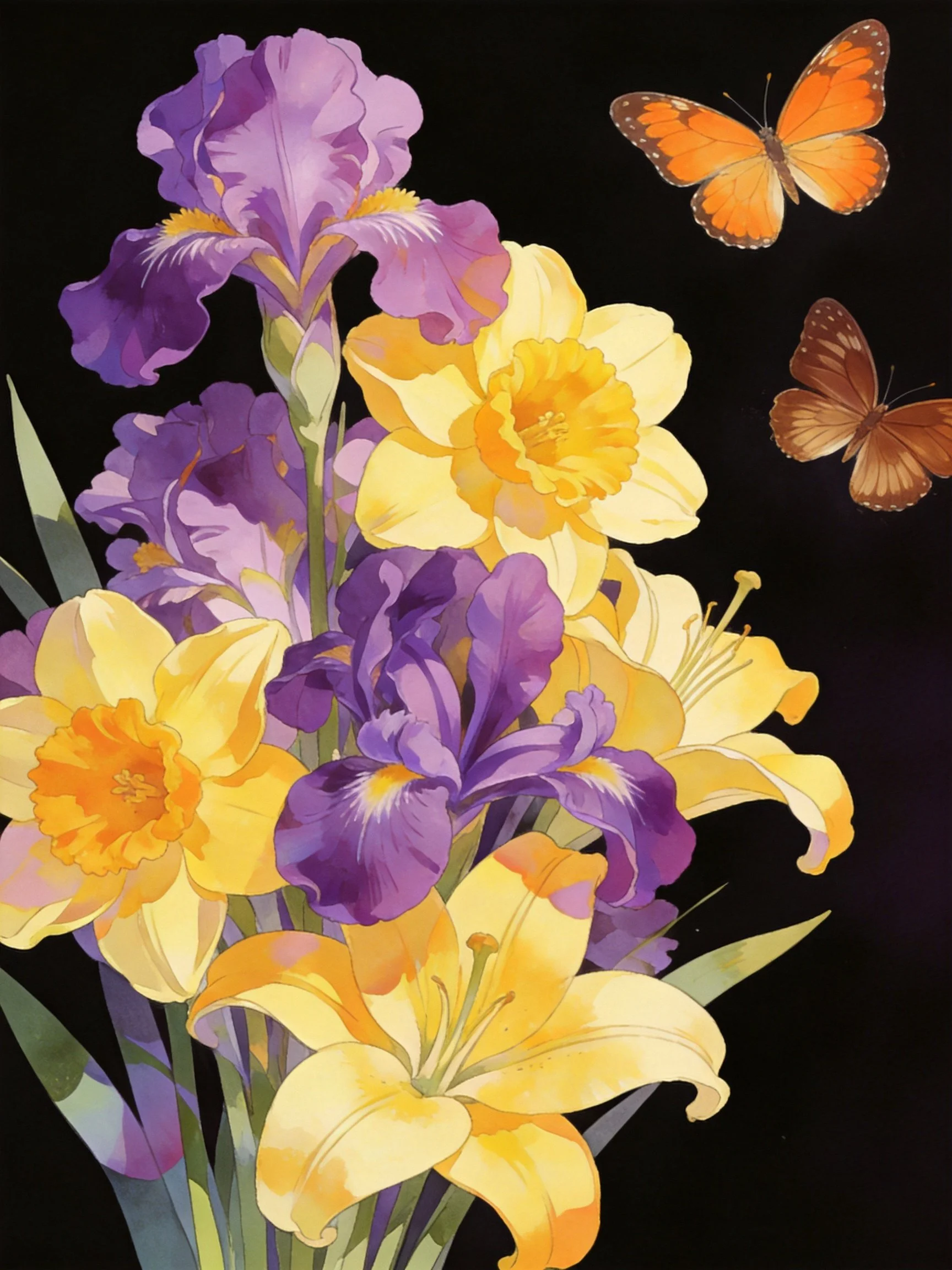 Vibrant floral arrangement with purple irises, yellow daffodils, lilies, and two butterflies