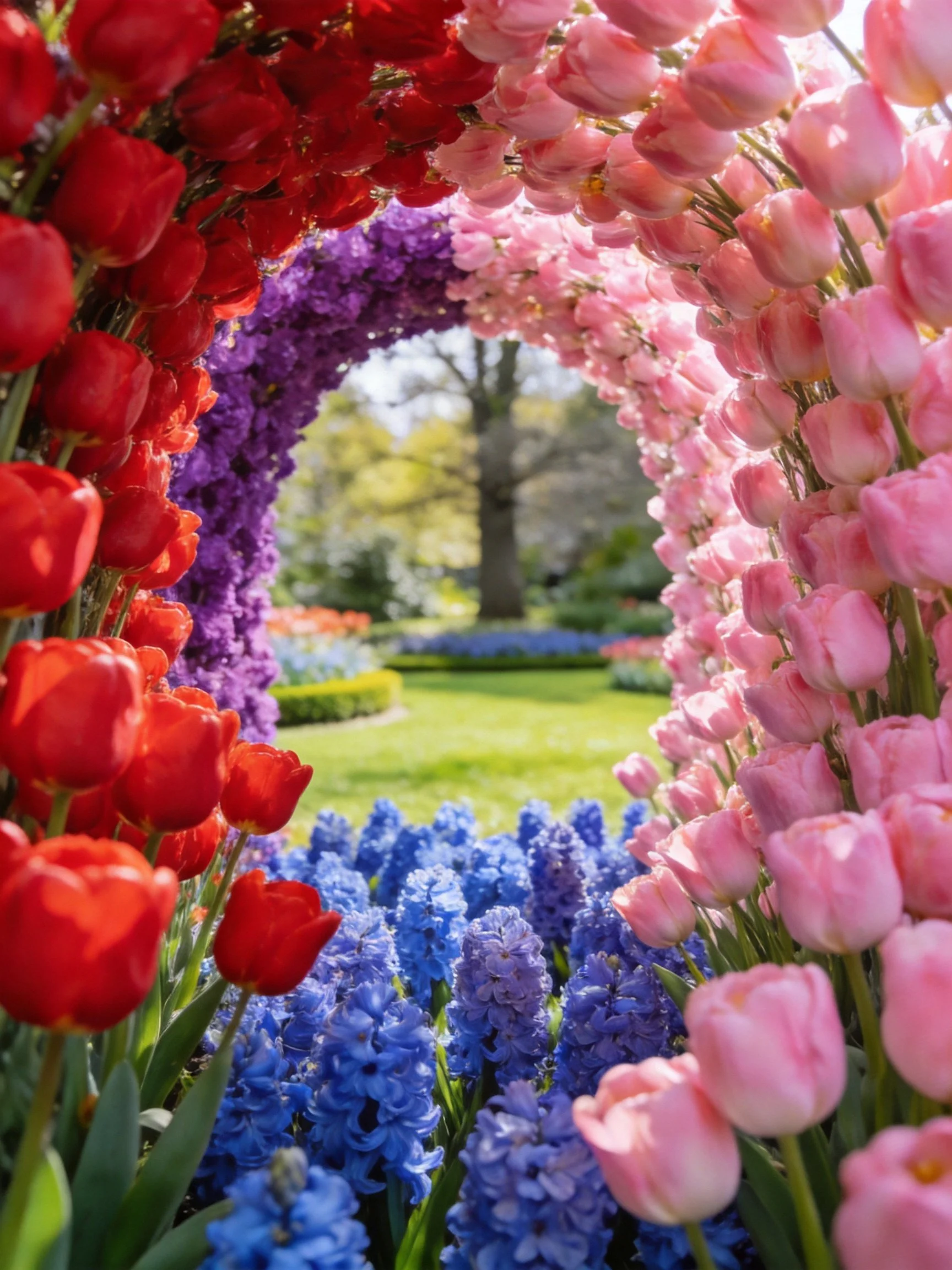 Vibrant flower arch featuring red, pink, purple, and blue blooms