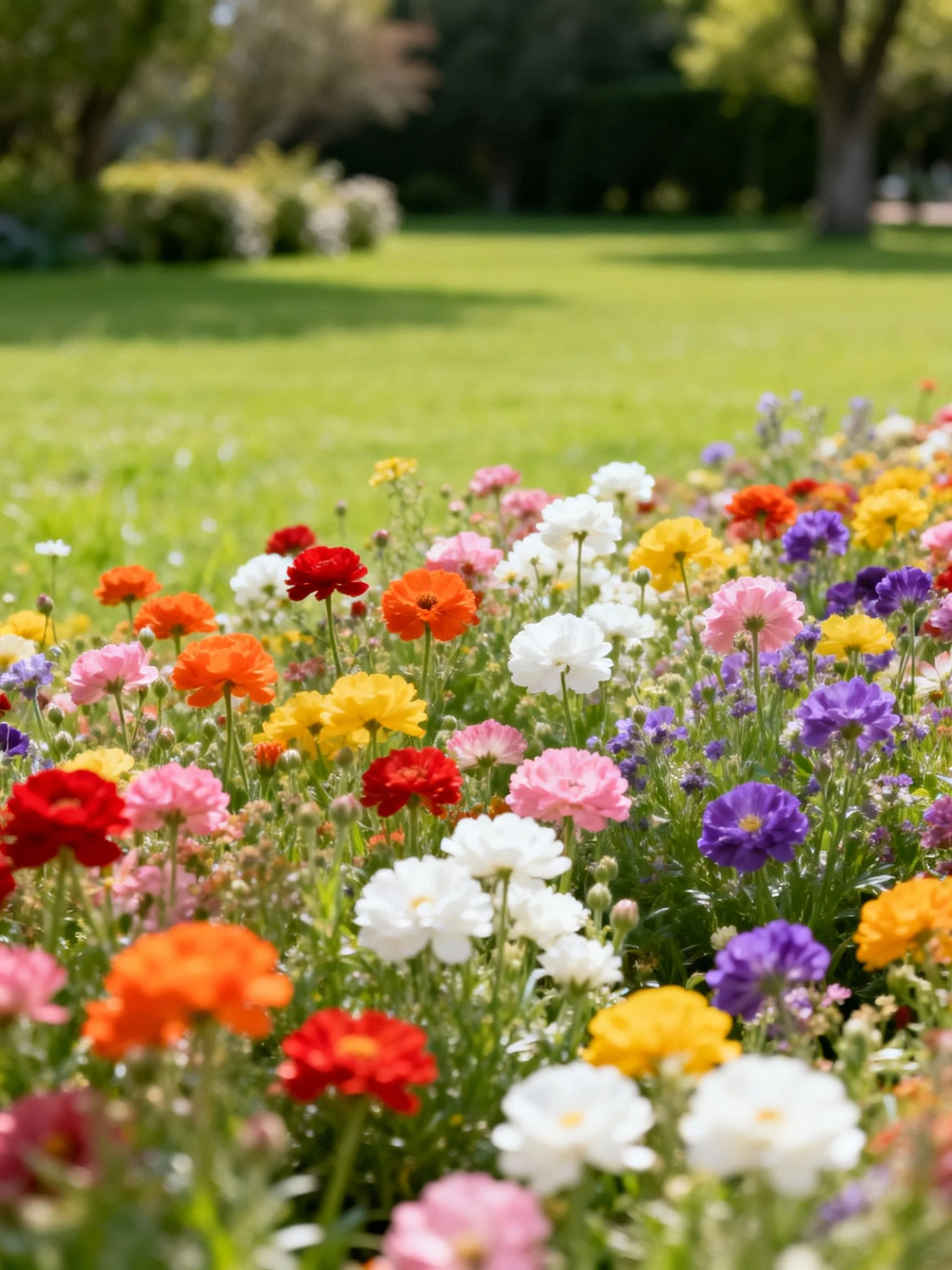 Vibrant flower bed with red, orange, yellow, pink, white, purple blooms beside a green lawn