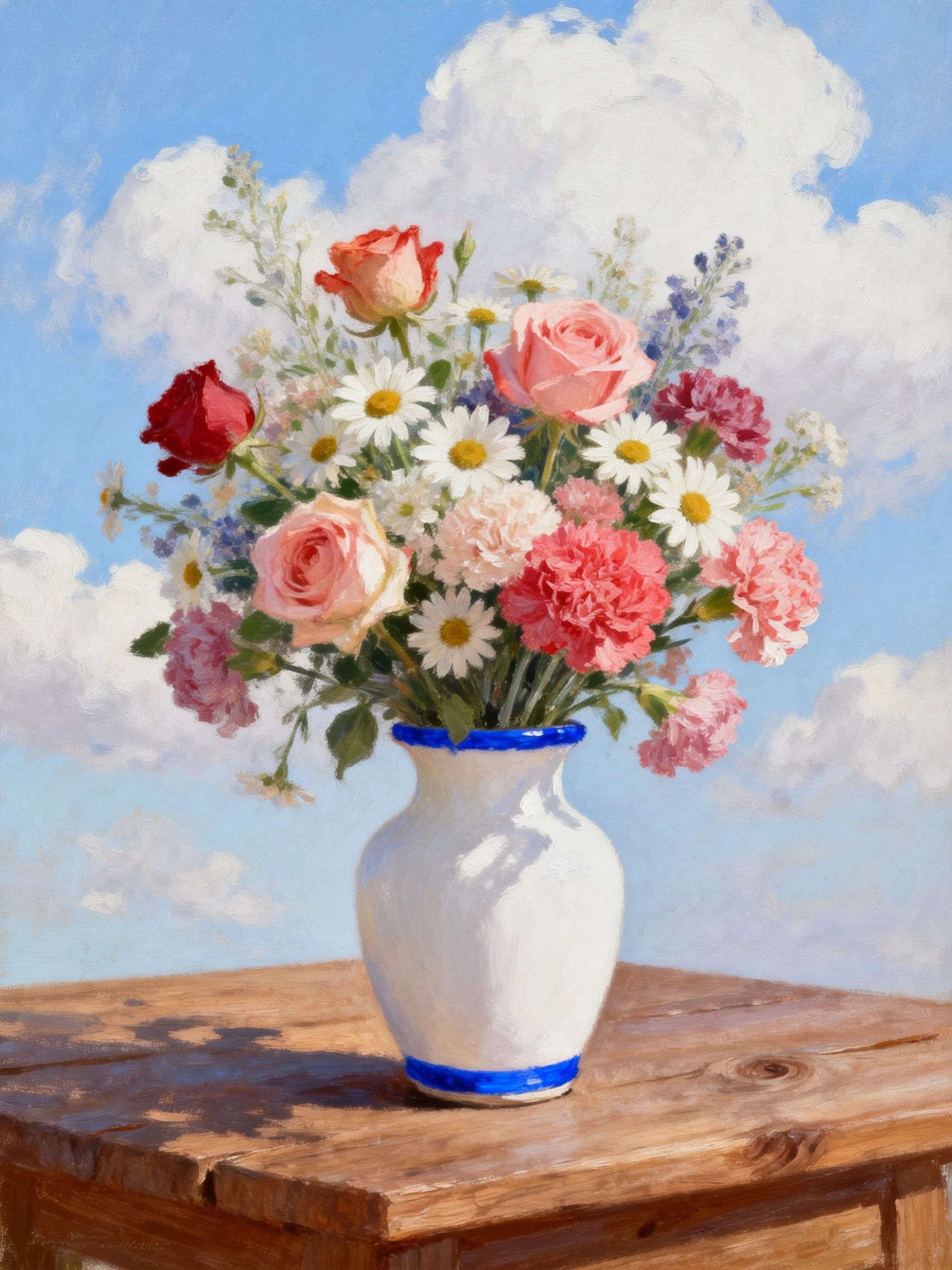 Vibrant flower bouquet in white vase with blue rim