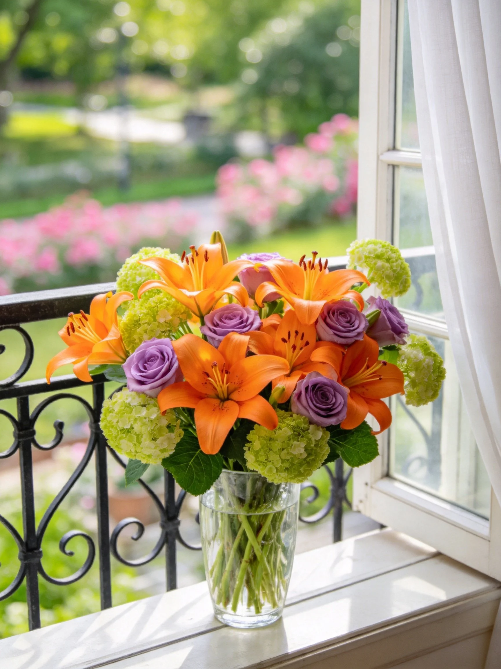 Vibrant flower bouquet with orange lilies, purple roses, and green blooms