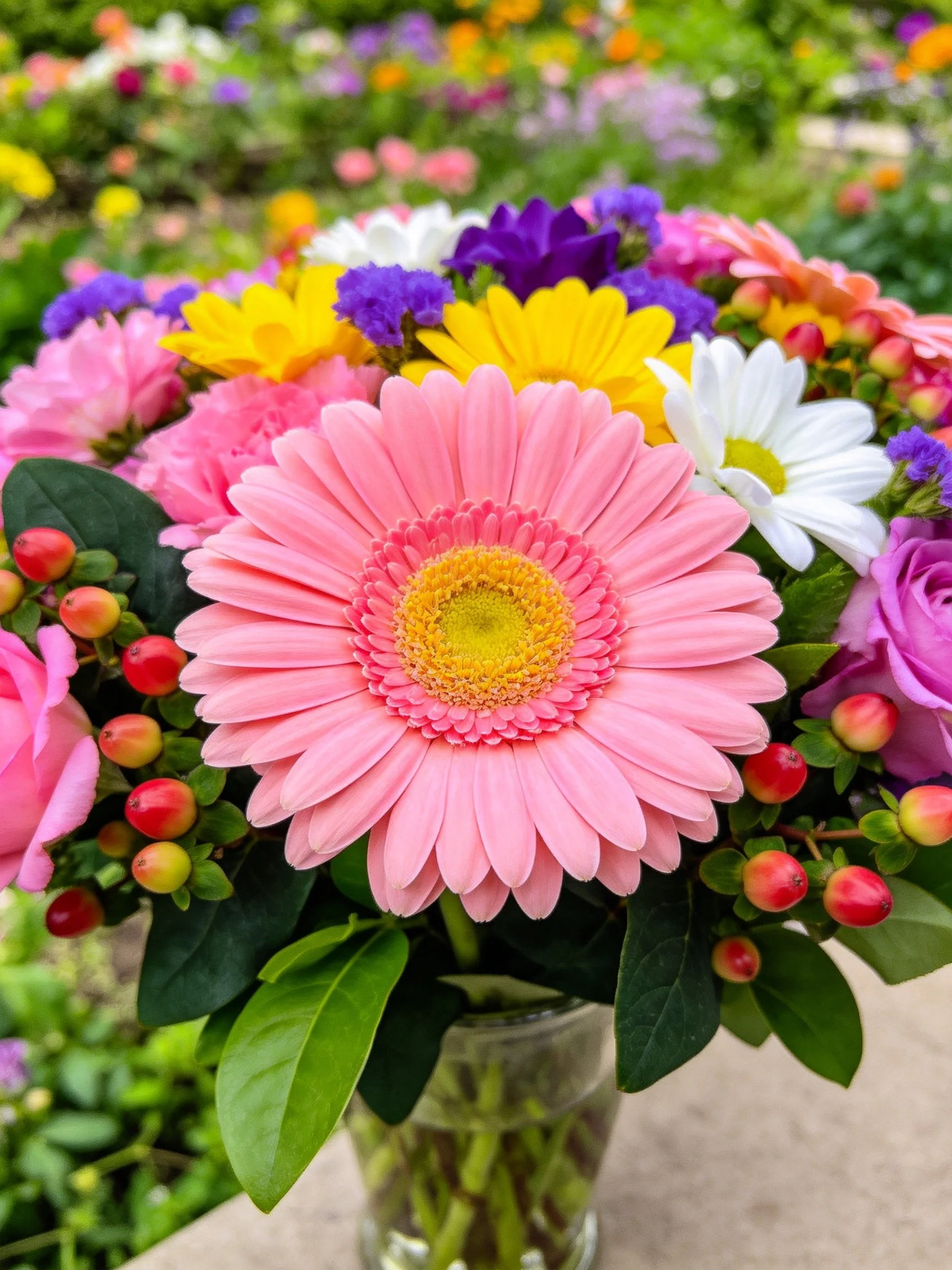 Vibrant flower bouquet with pink gerbera, colorful blooms, red berries