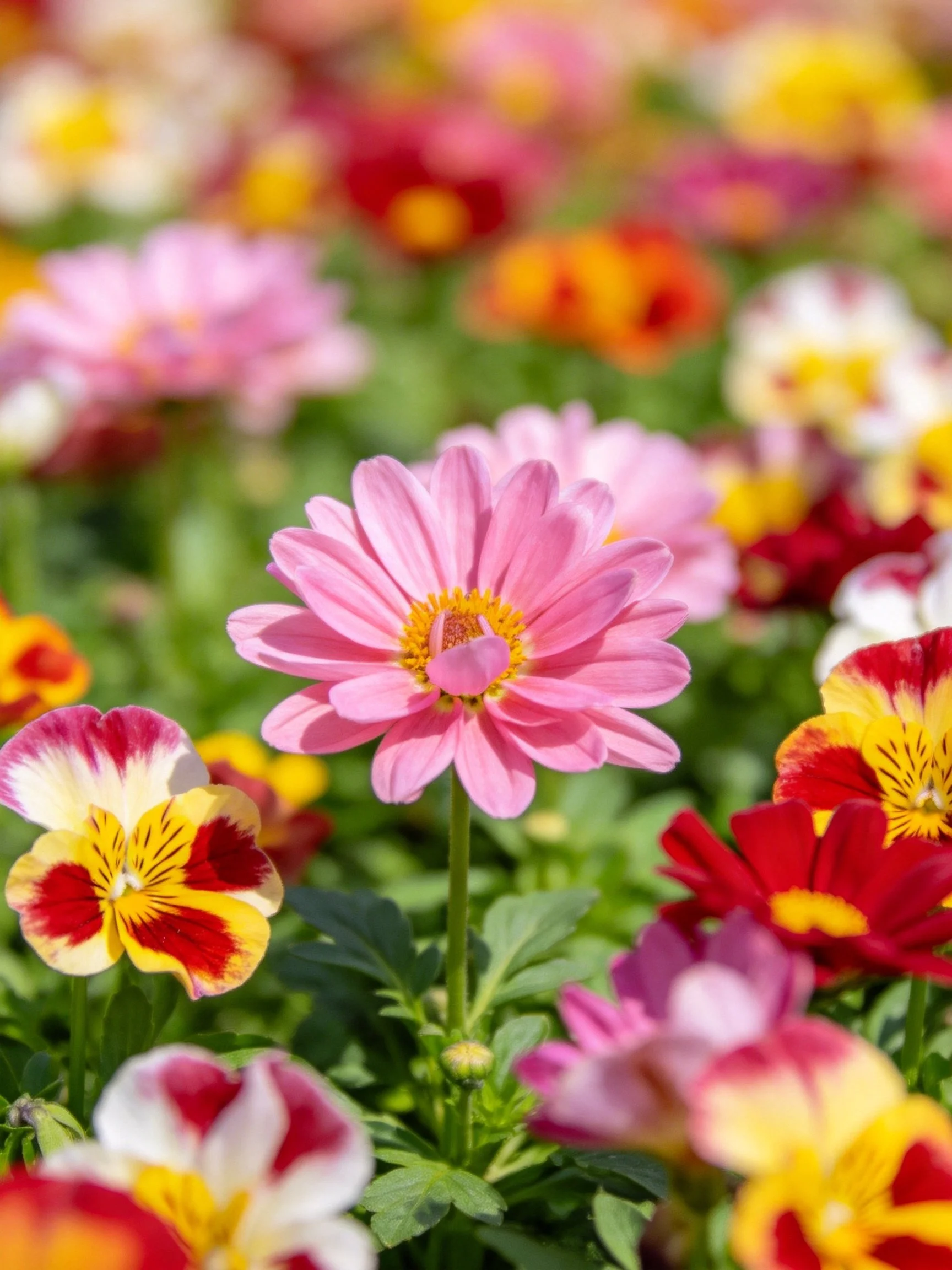 Vibrant flower field with pink daisy and multicolored pansies