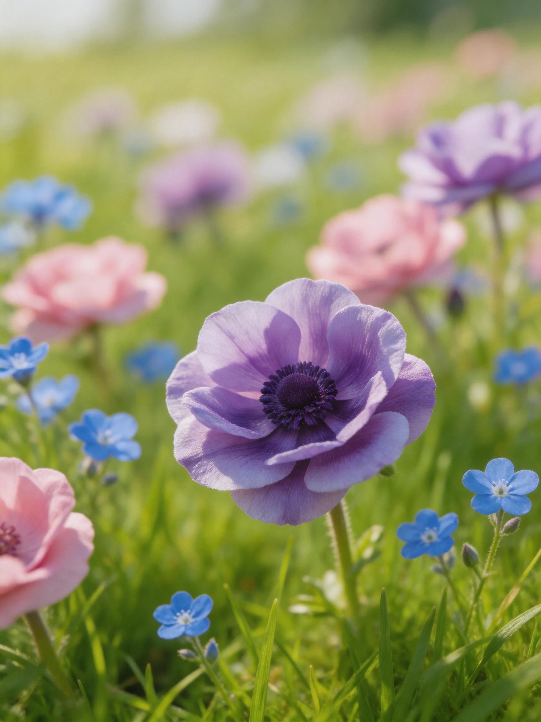 Vibrant flower field with purple, pink, and blue blooms amid lush green grass